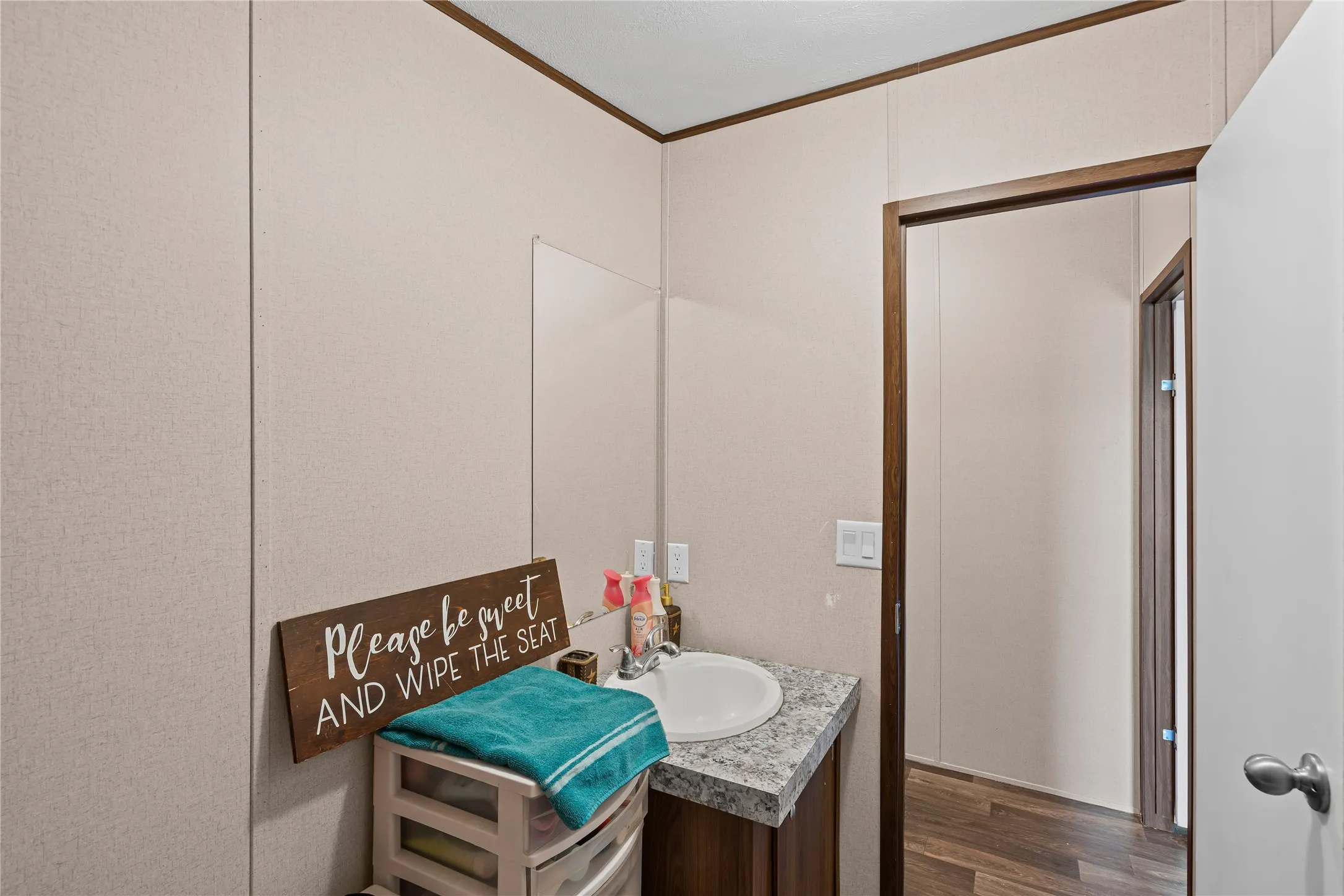 Bathroom featuring vanity, wood finished floors, and ornamental molding