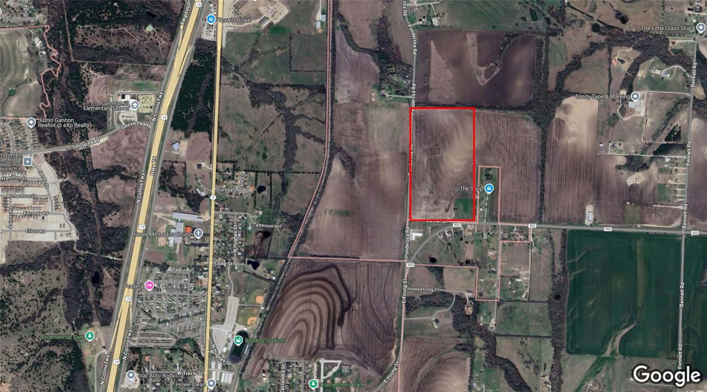 Aerial view of property's location with property boundaries highlighted