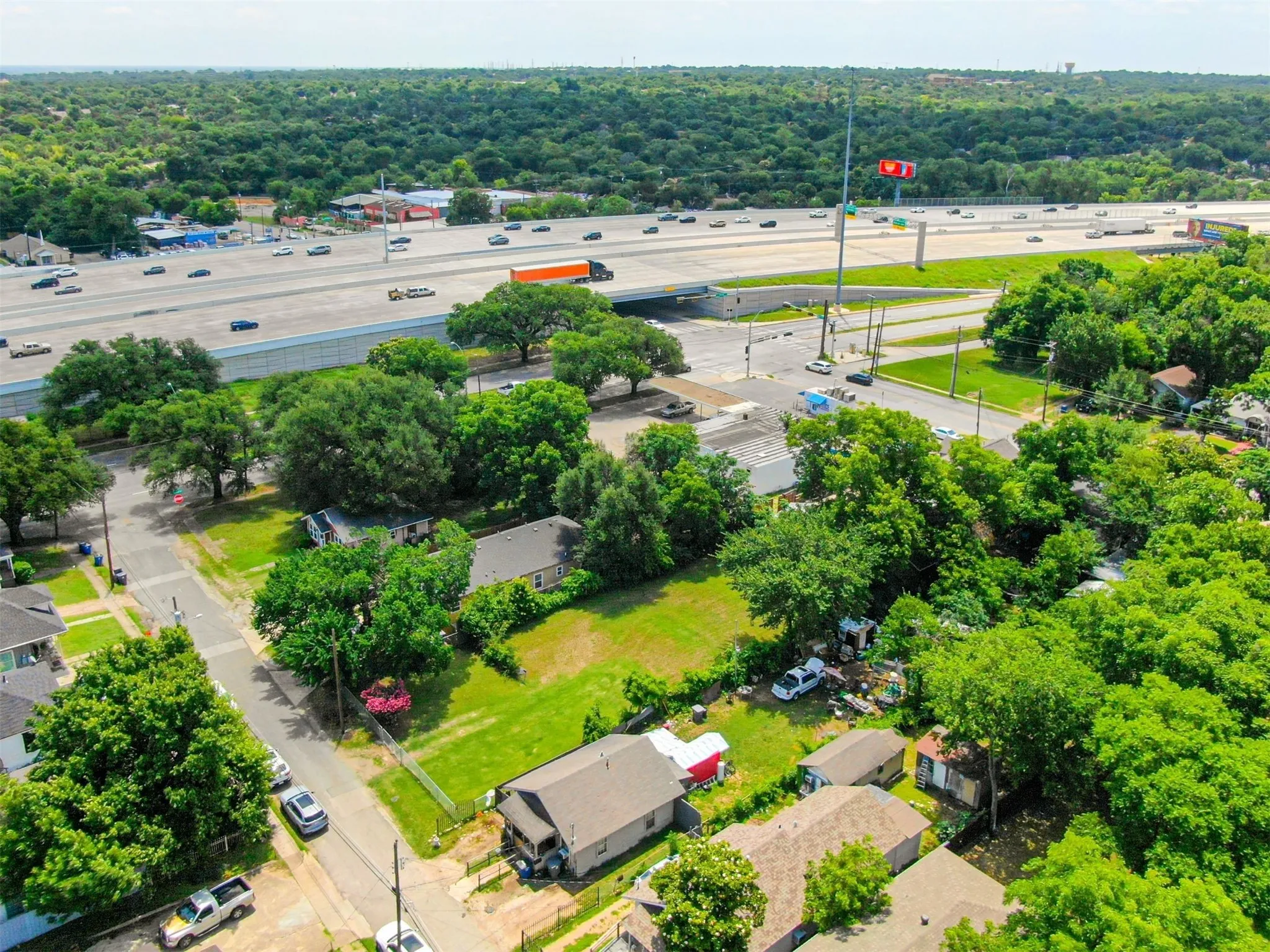 Aerial view of a heavily wooded area