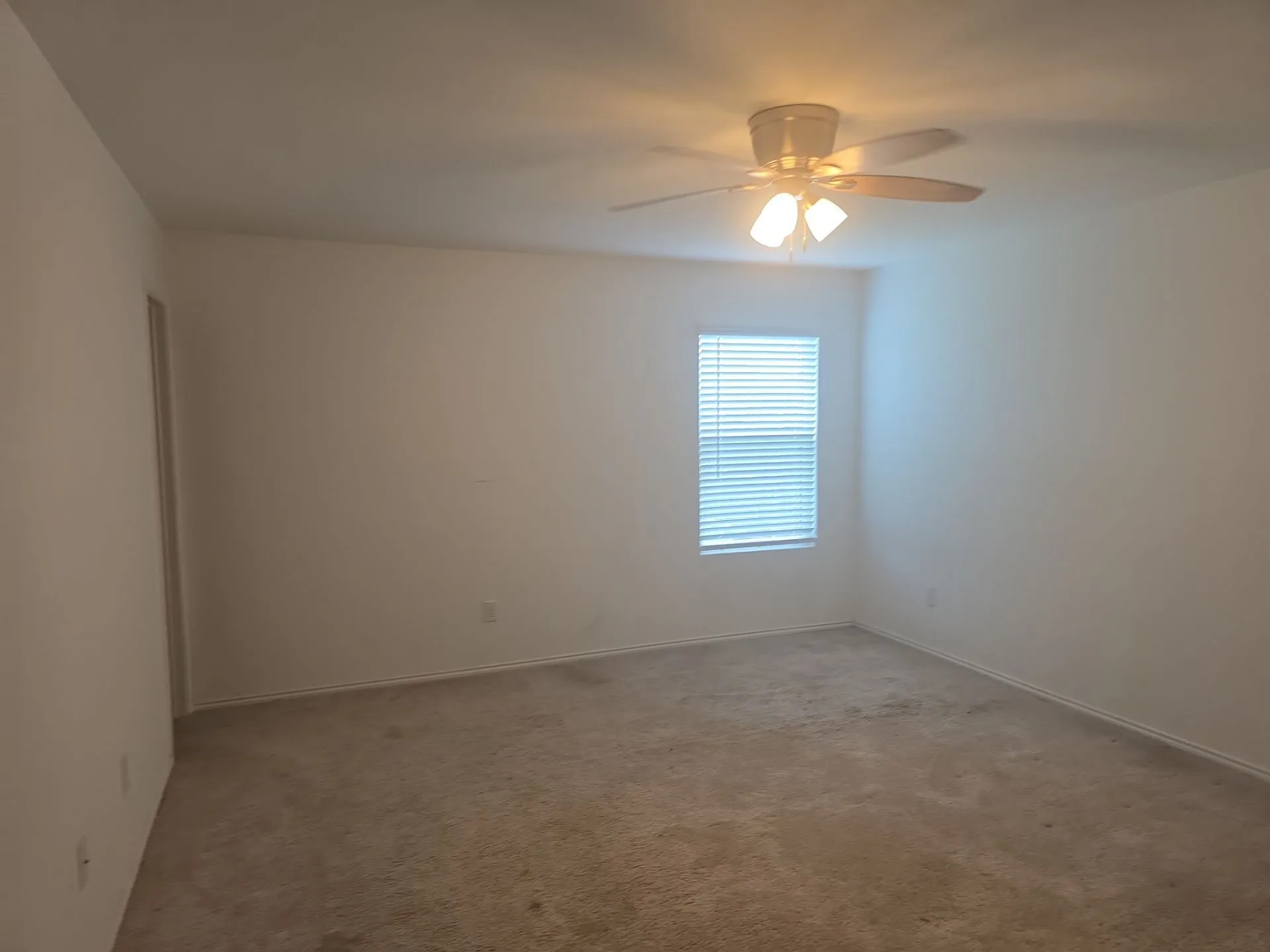 Empty room featuring a ceiling fan and carpet flooring