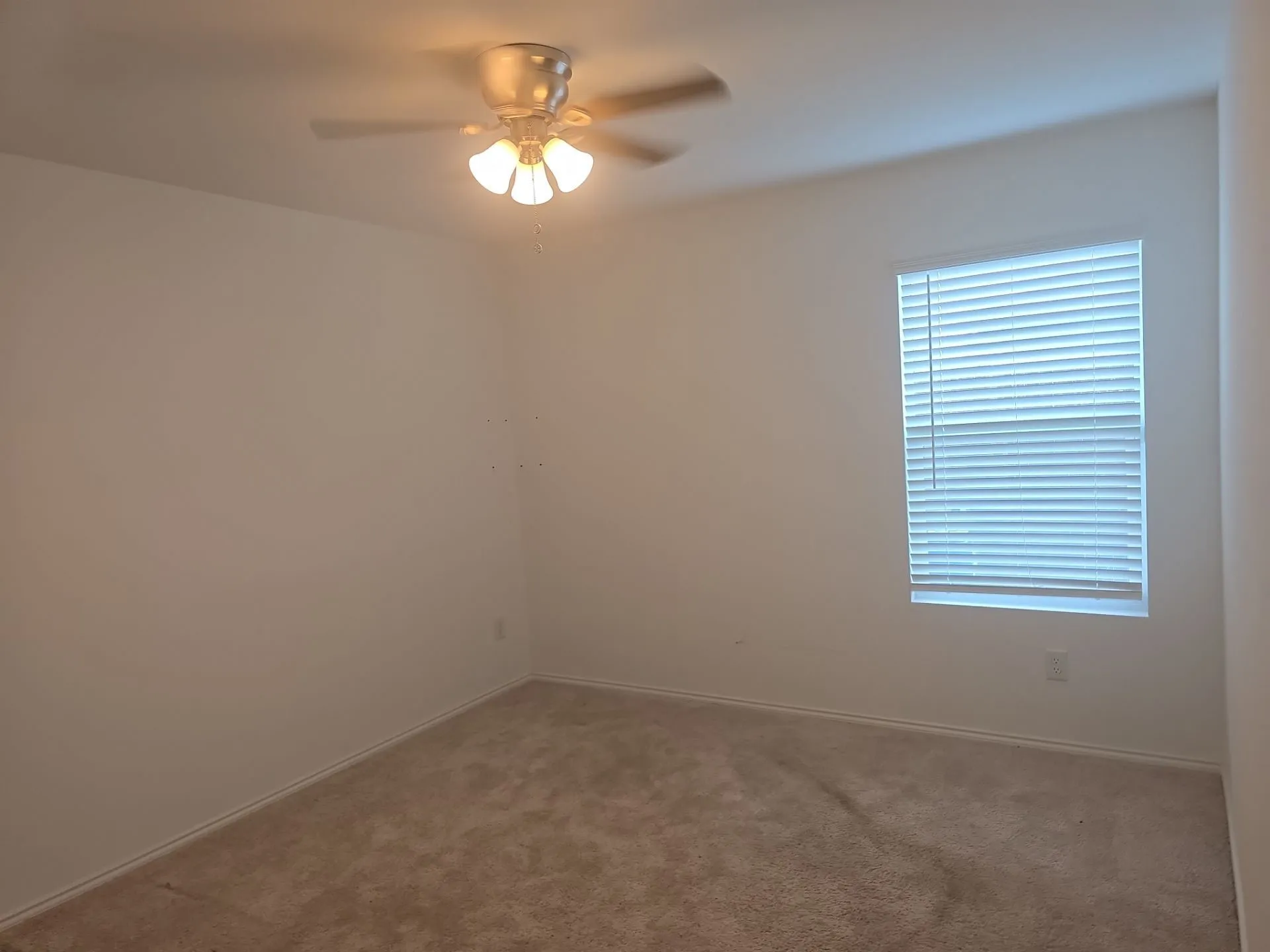 Spare room with ceiling fan and carpet