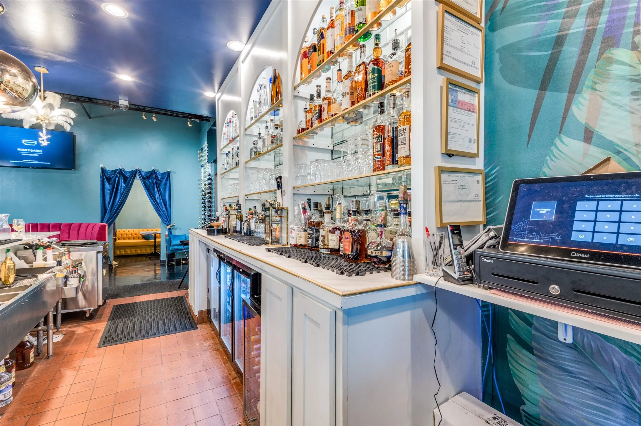 Bar area featuring recessed lighting