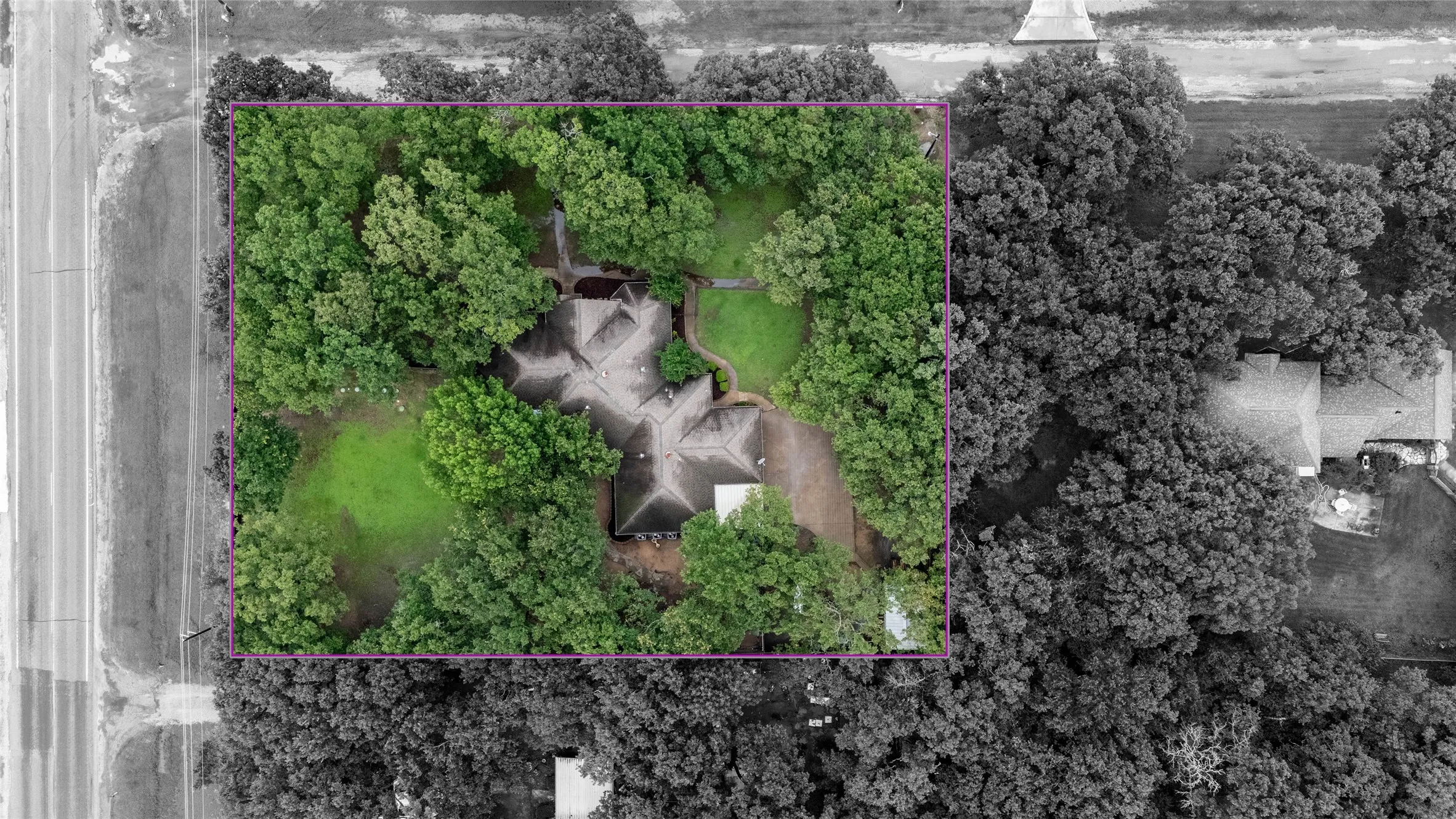 Aerial overview of property's location with property boundaries highlighted