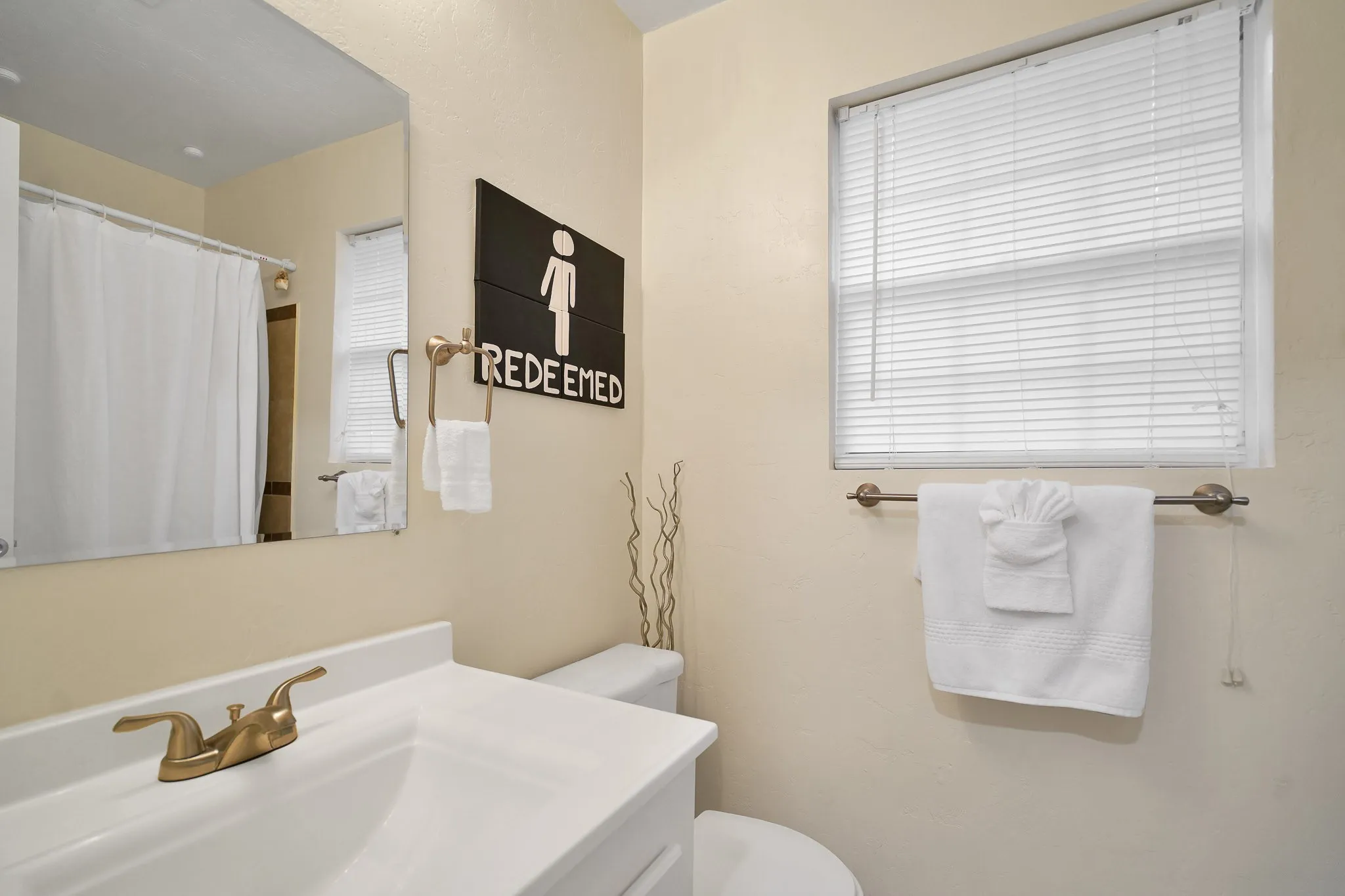 Bathroom with vanity and a shower with curtain