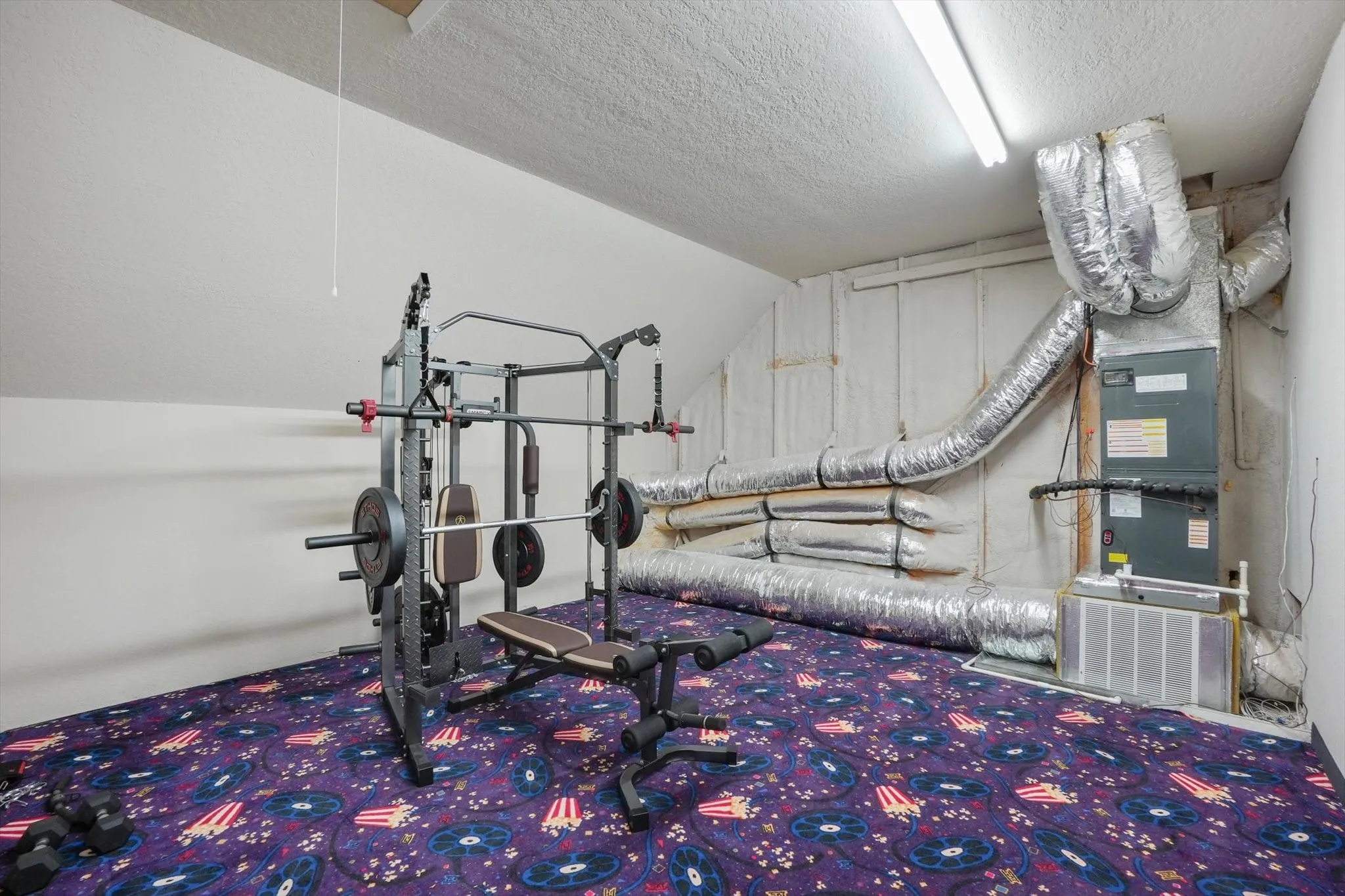 Workout room featuring a textured ceiling and carpet
