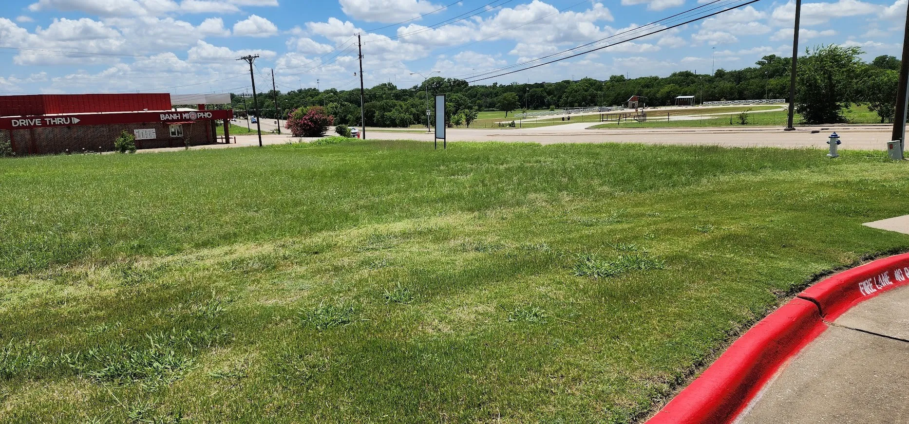 Looking SW across the front part of the property and across Greenville and to the Molsen Farm park development