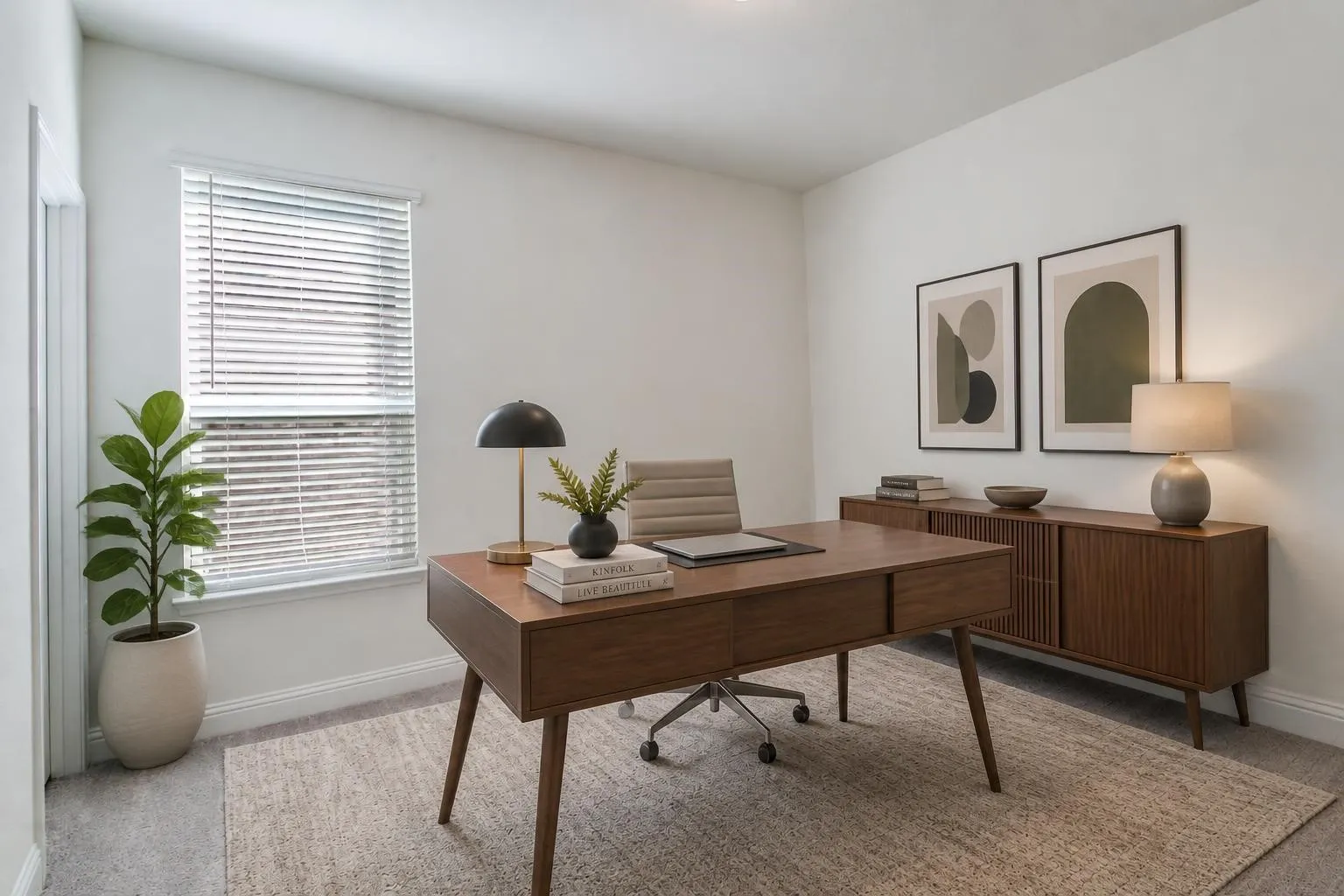 Bedroom virtually staged as an office