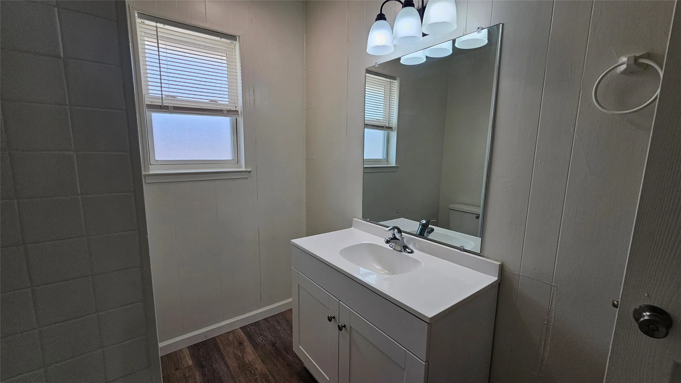 Bathroom featuring wood finished floors, plenty of natural light, and vanity