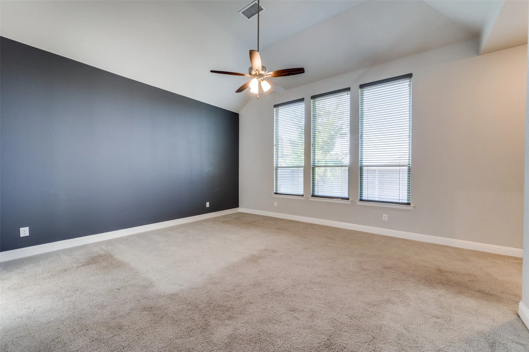 Master with vaulted ceiling and ceiling fan