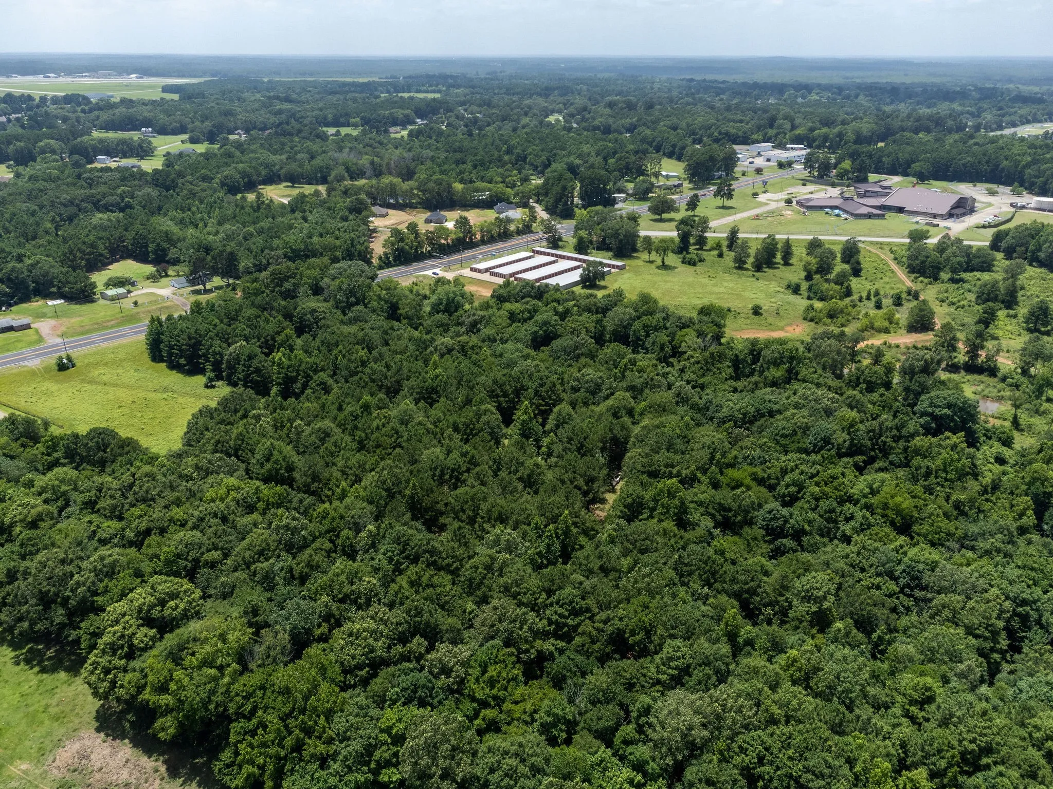 Aerial view of a heavily wooded area