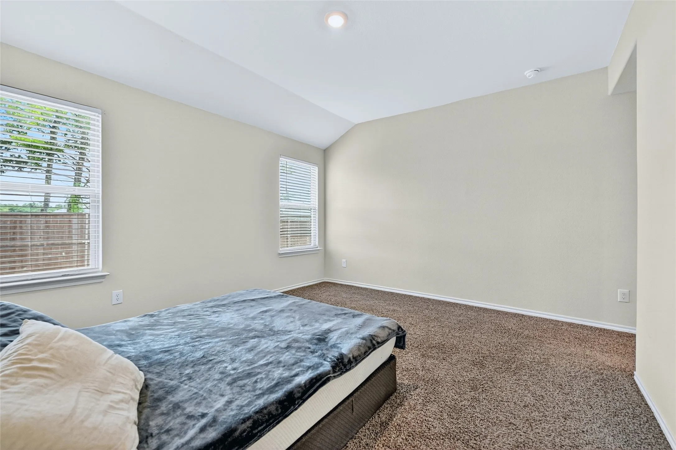 Bedroom featuring carpet flooring and lofted ceiling
