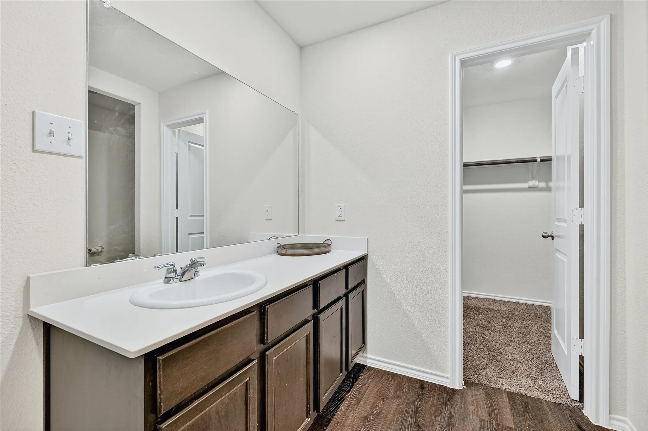Bathroom with vanity, wood finished floors, and a walk in closet