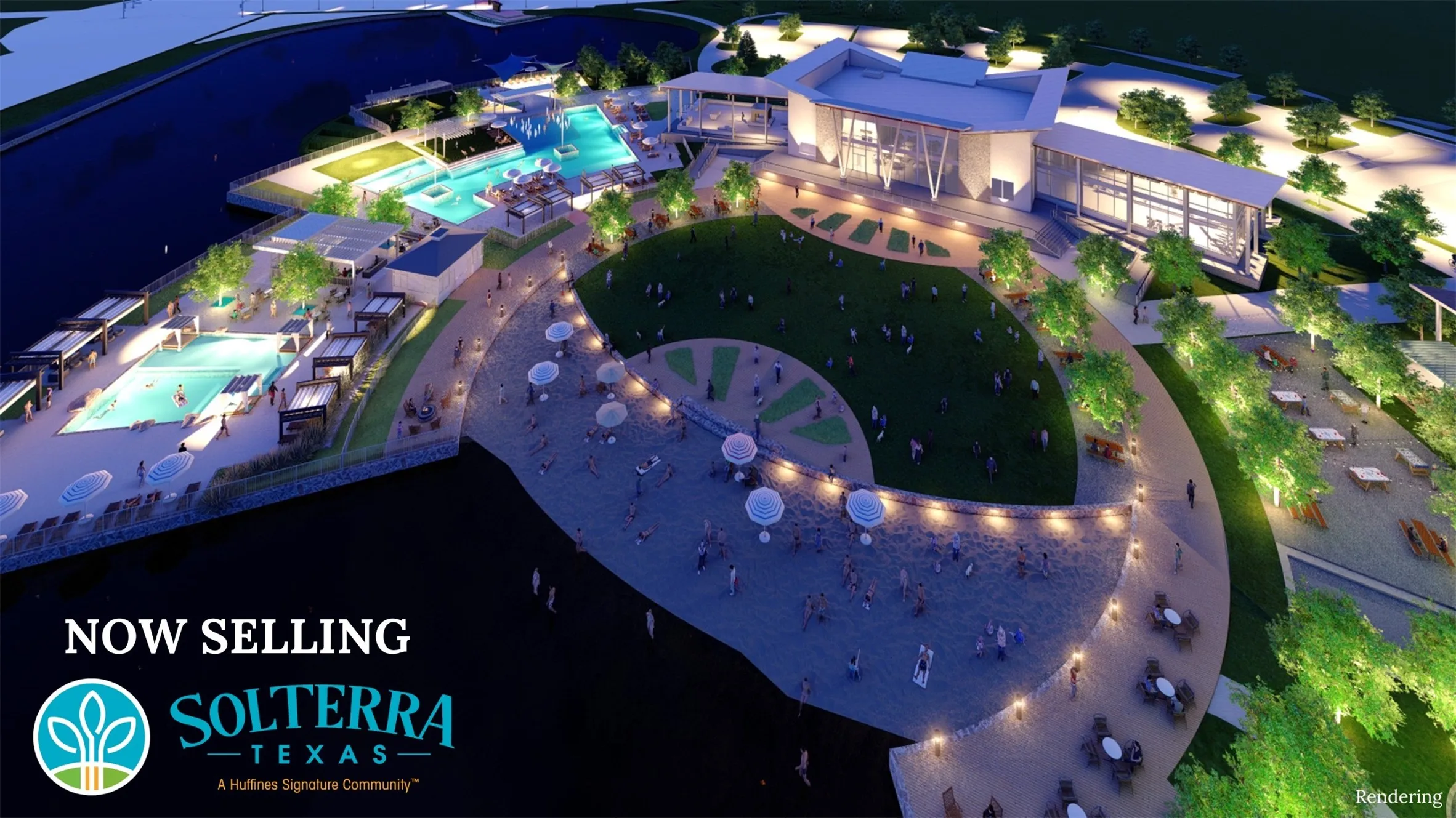 Expansive community recreation area featuring multiple swimming pools, a large central lawn, a sandy beach area with seating, and a contemporary clubhouse building