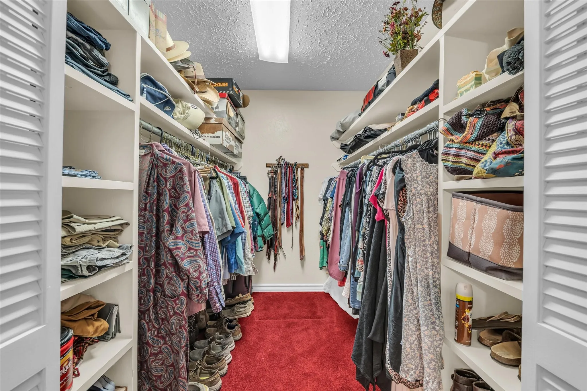 Walk in closet featuring dark carpet