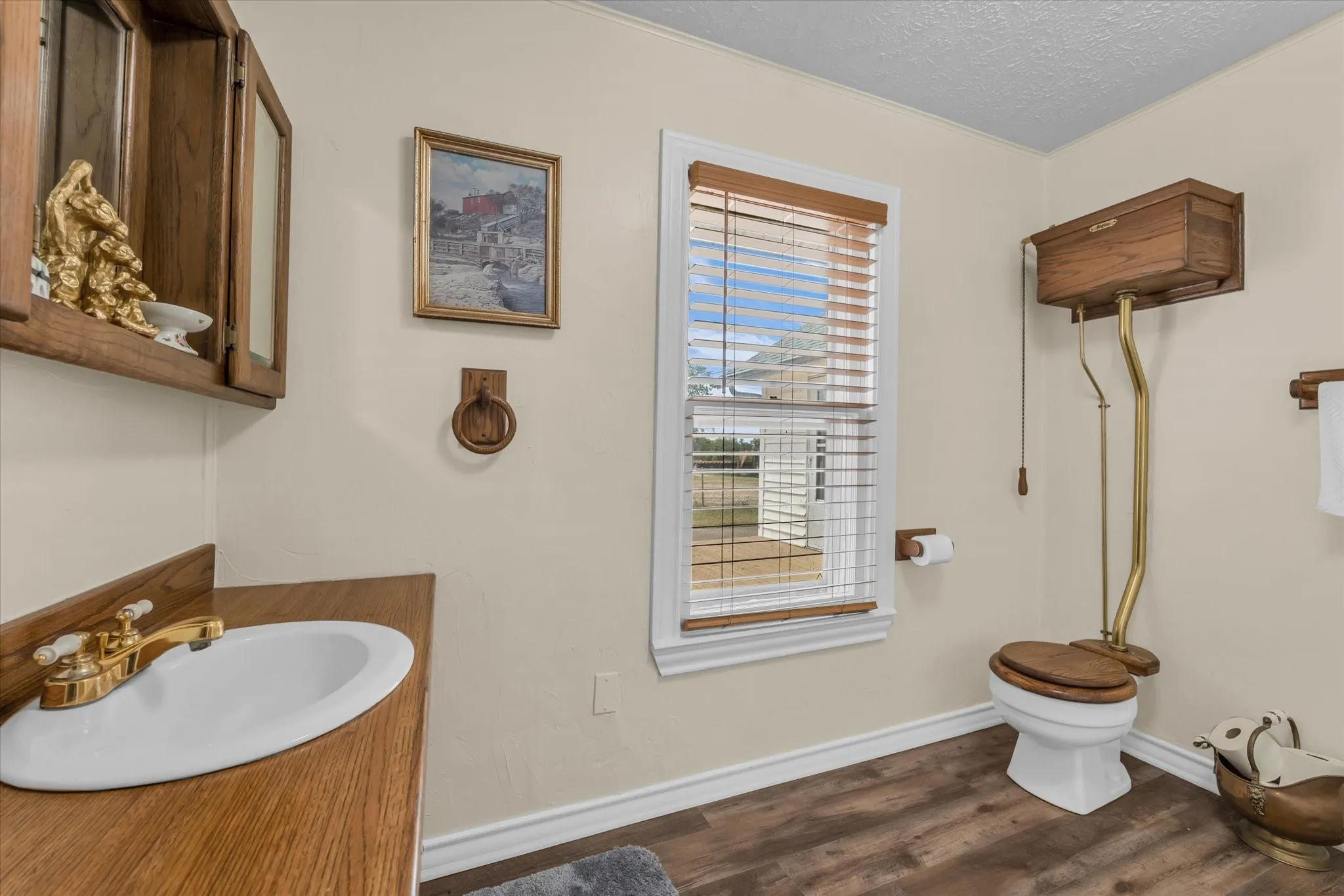 Half bath with wood finished floors, vanity, and a textured ceiling