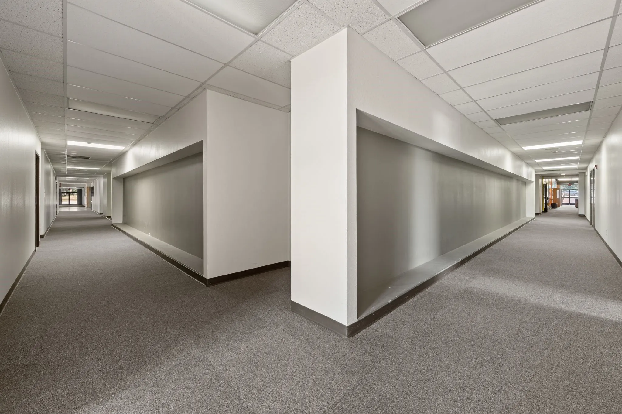 Hallway featuring carpet floors and a drop ceiling