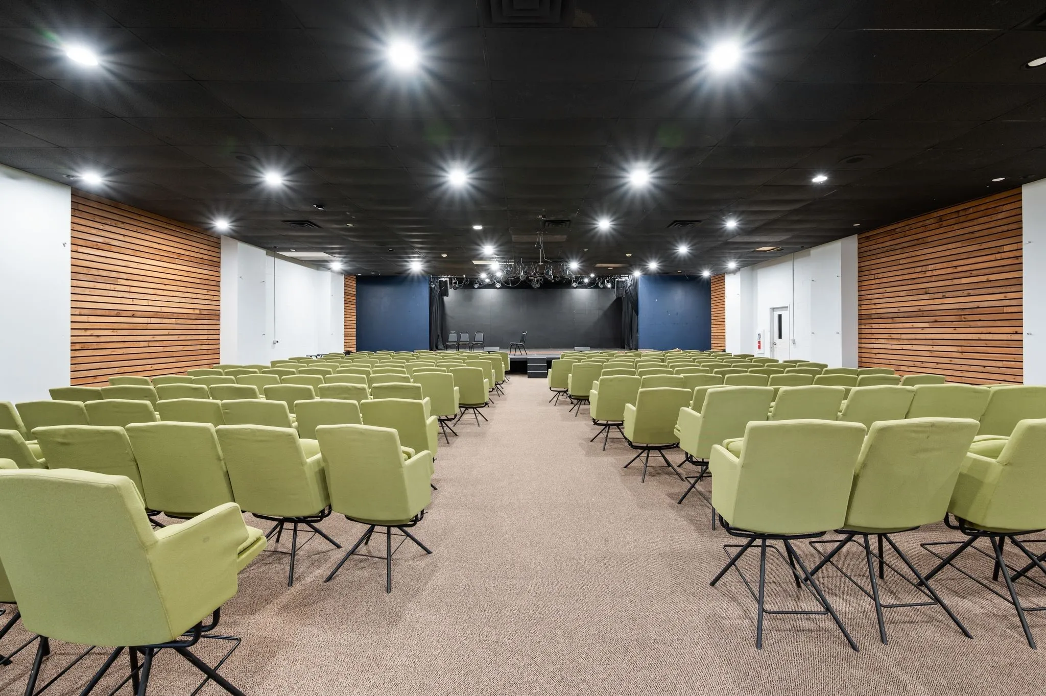 Home theater featuring carpet and wood walls