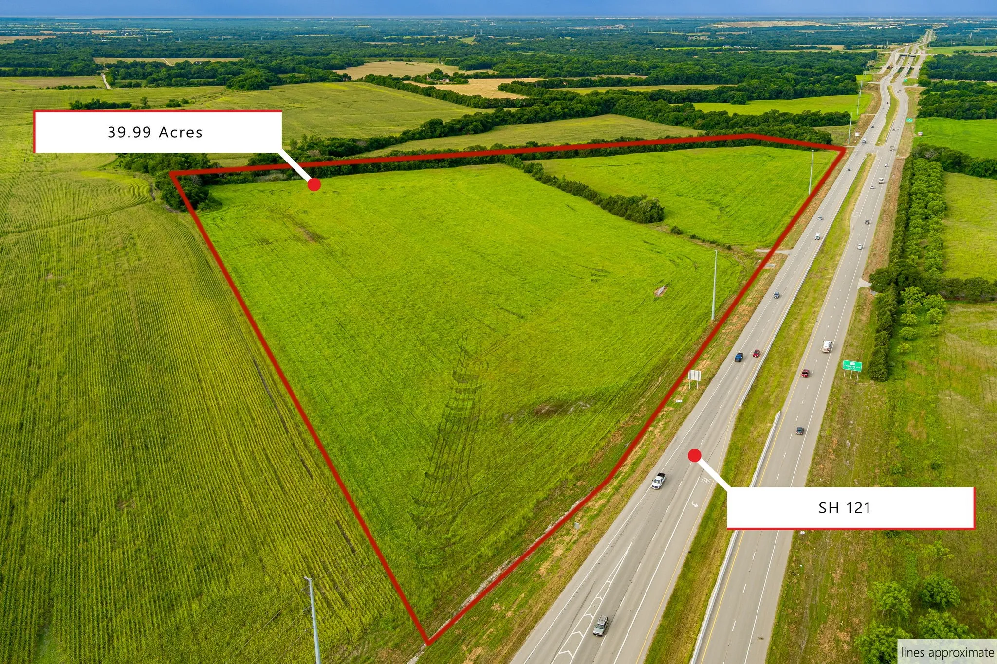 Aerial view of sparsely populated area with property boundaries highlighted