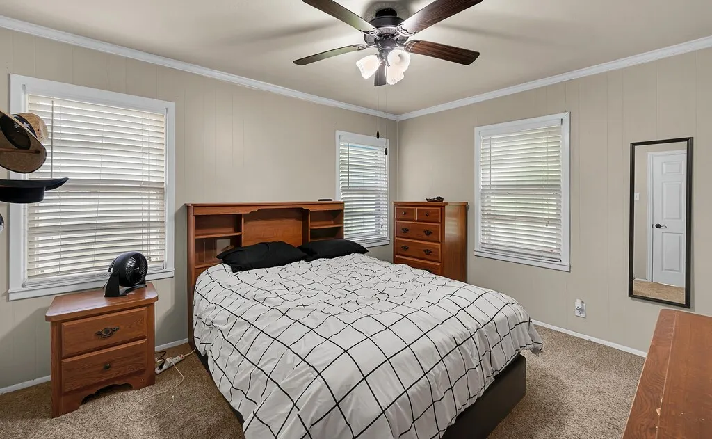 Bedroom featuring crown molding, carpet, and ceiling fan