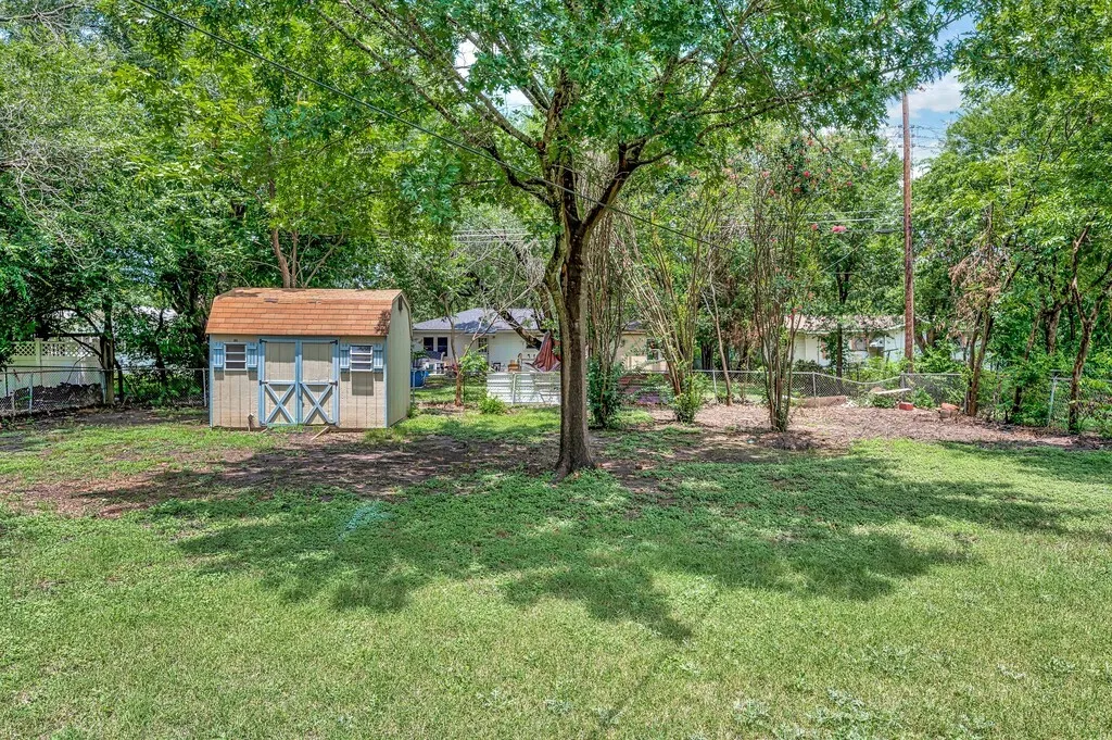 Fenced backyard with a shed