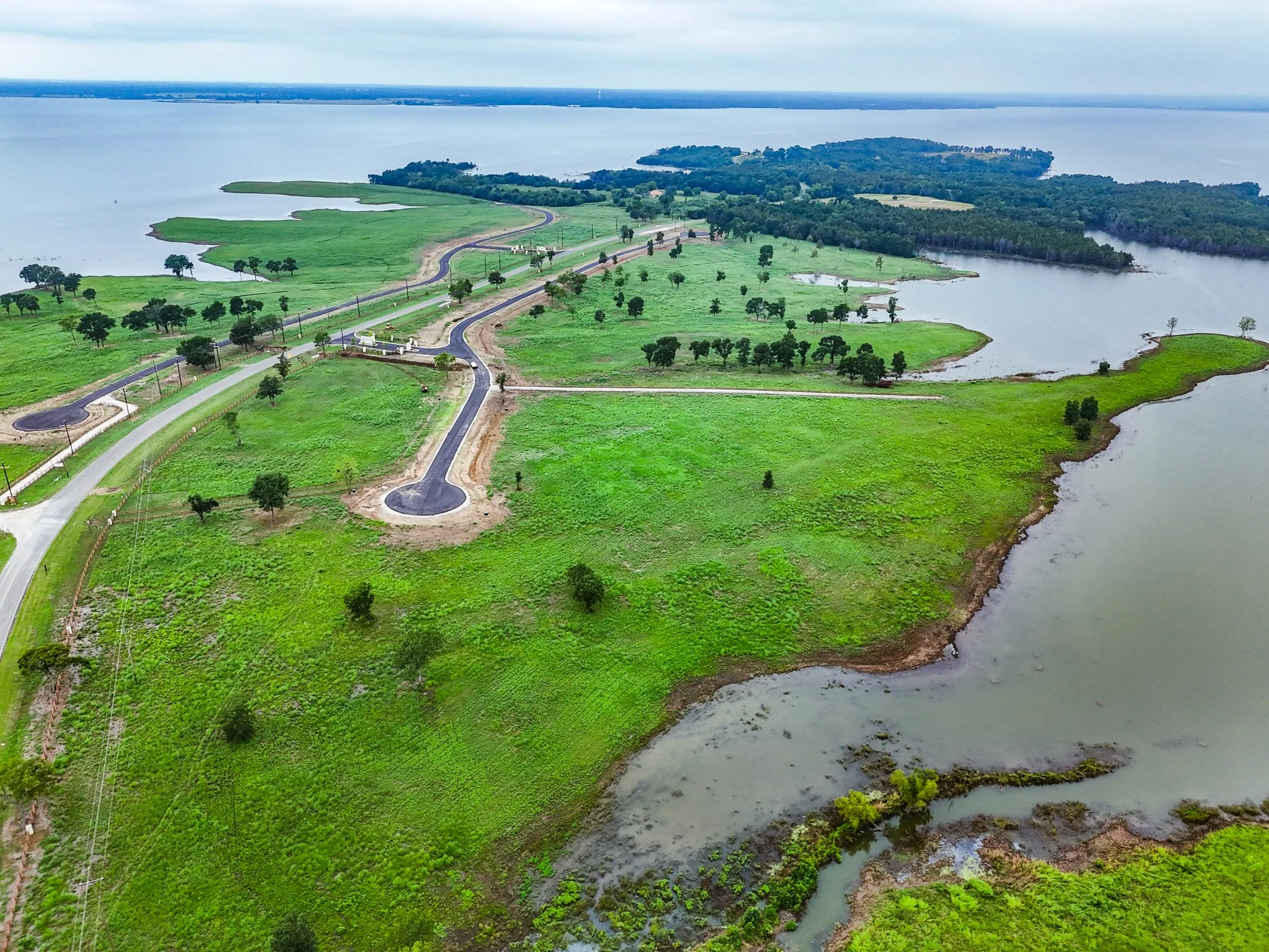 Aerial view of a nearby body of water
