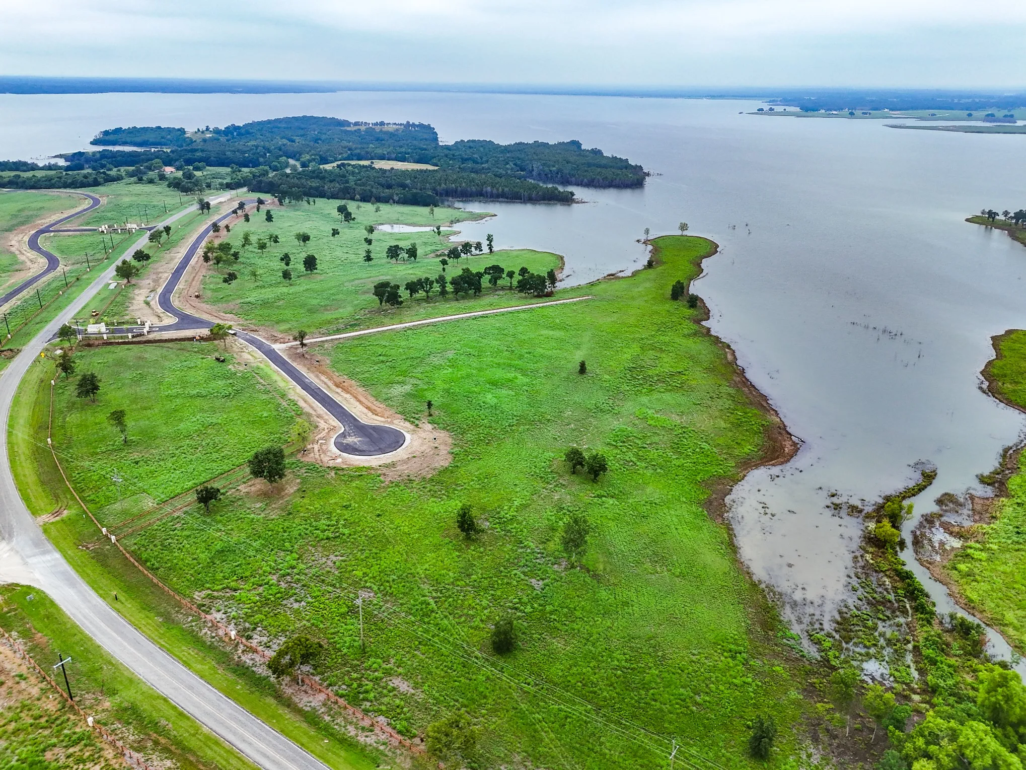 Aerial view of a nearby body of water