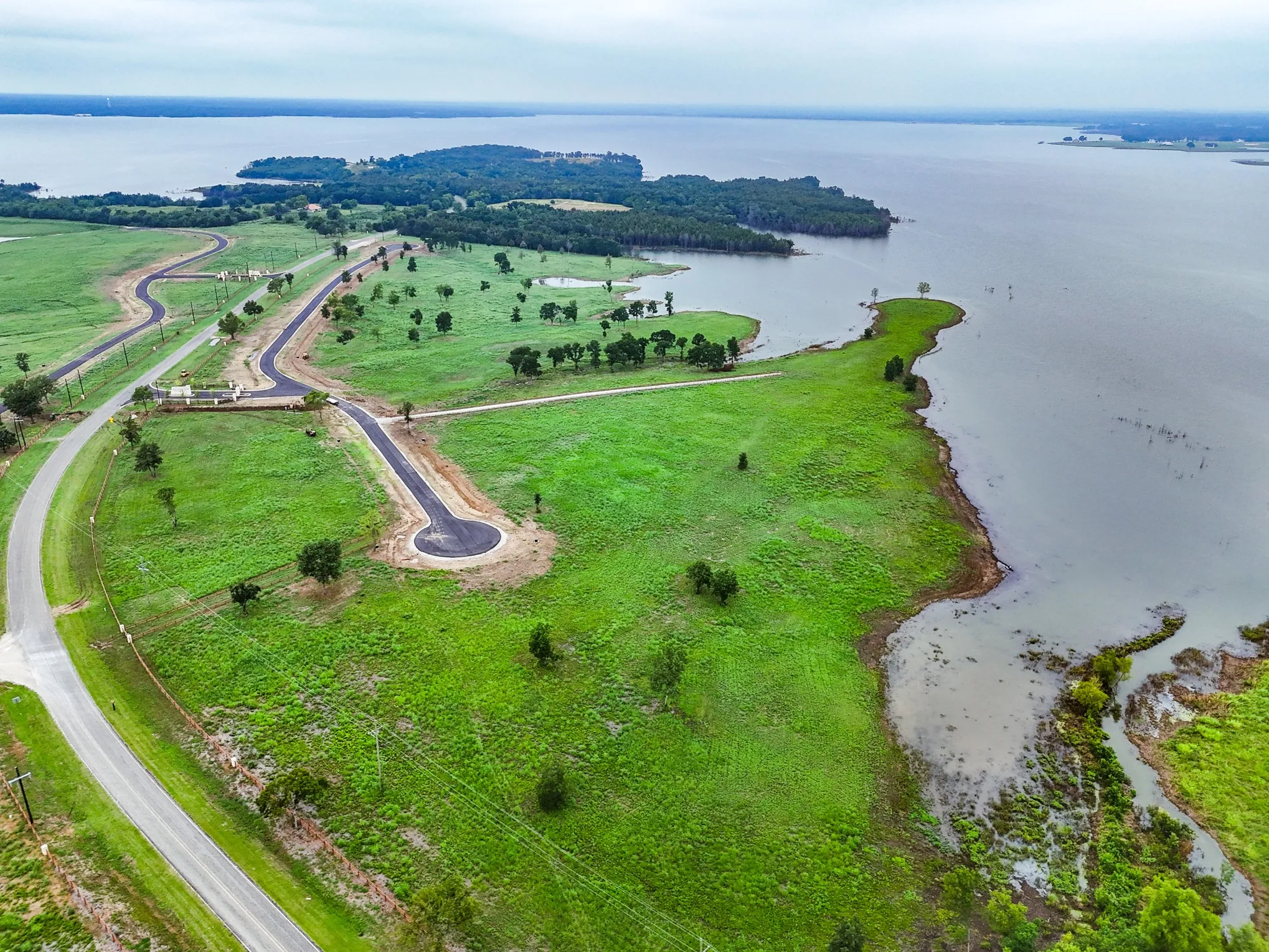 Aerial view of a nearby body of water