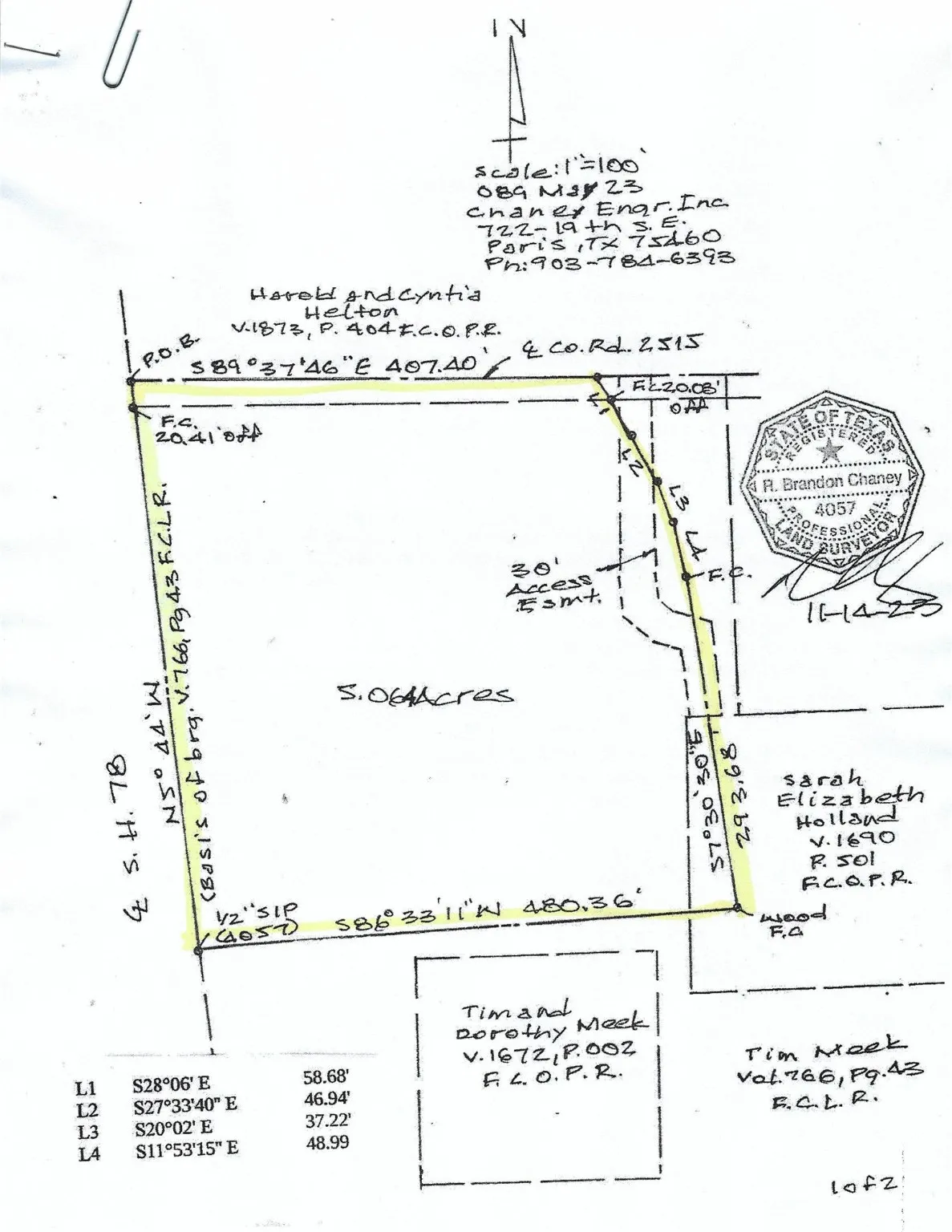 This survey shows an old road that used to run through this land and the surveyor thought it still existed but it's no longer there. The road is to the East of this 5.06 acre tract. The property line is in the yellow highlighted area.