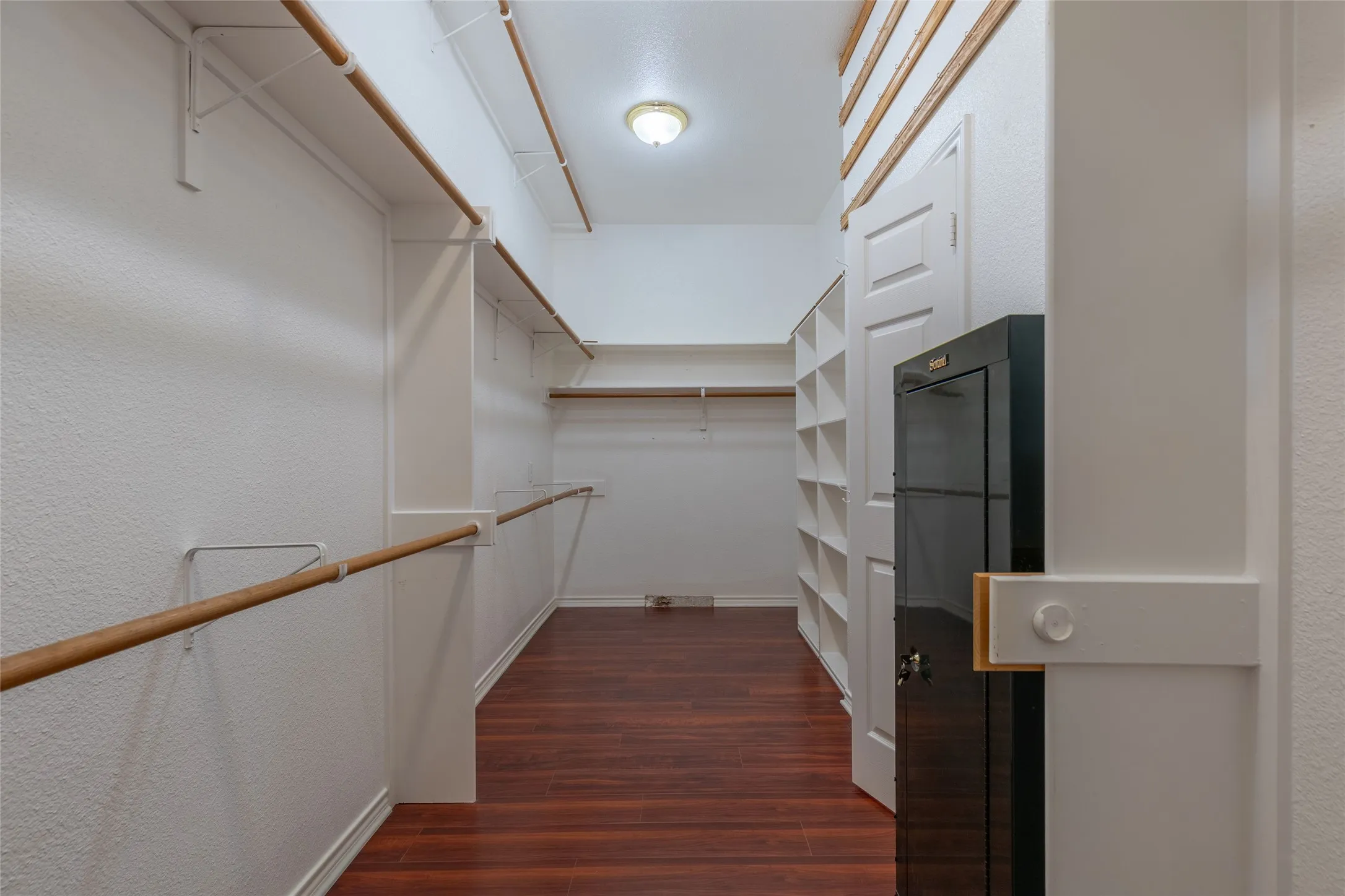 Spacious closet featuring dark wood-type flooring