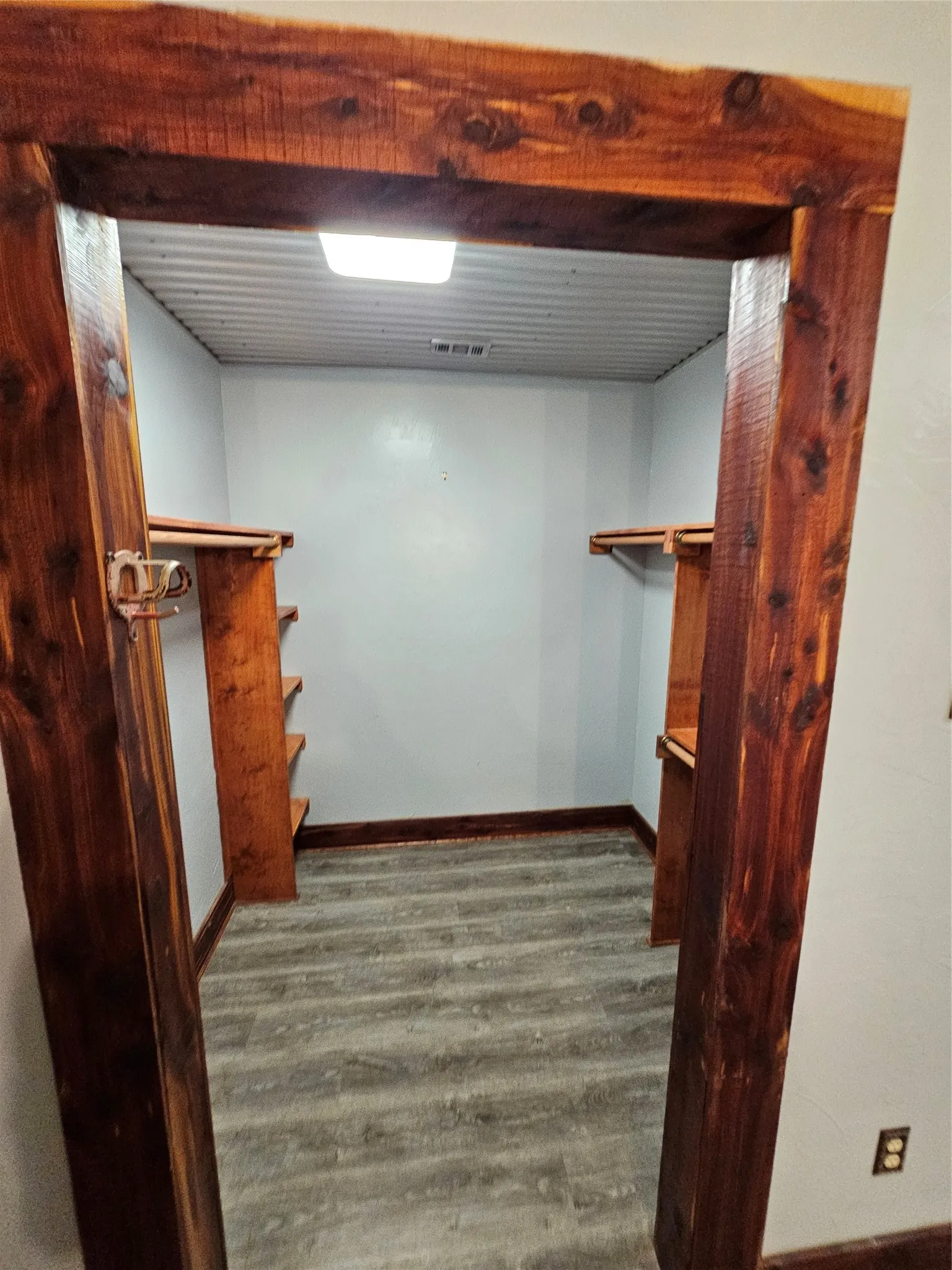 Walk in closet with wood finished floors