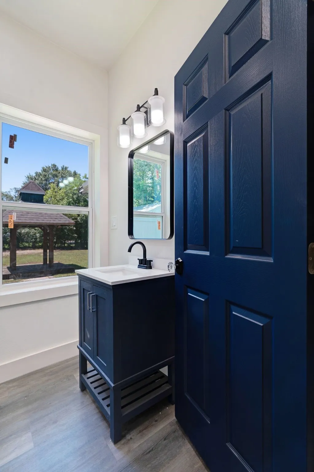 Bathroom featuring wood finished floors and vanity