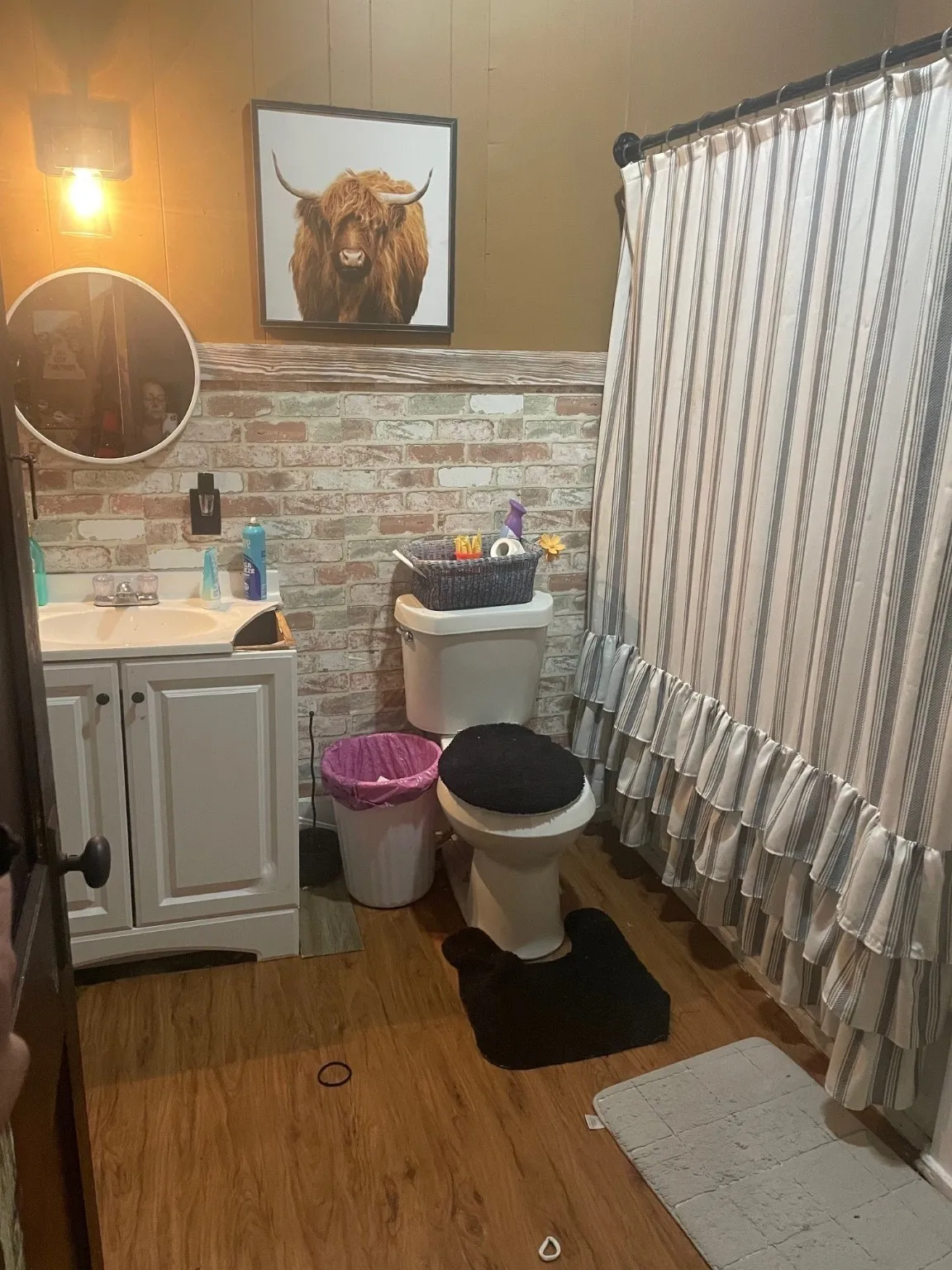 Full bathroom with wainscoting, vanity, wood finished floors, and a shower with curtain