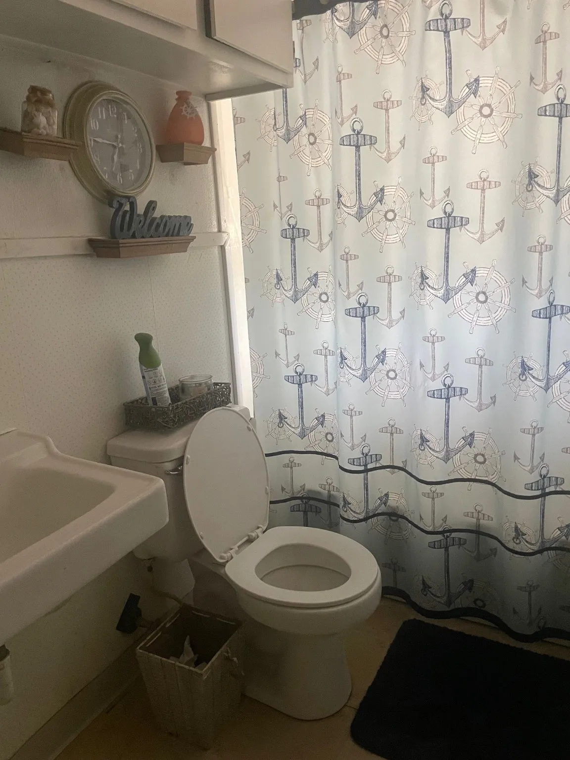 Bathroom with curtained shower