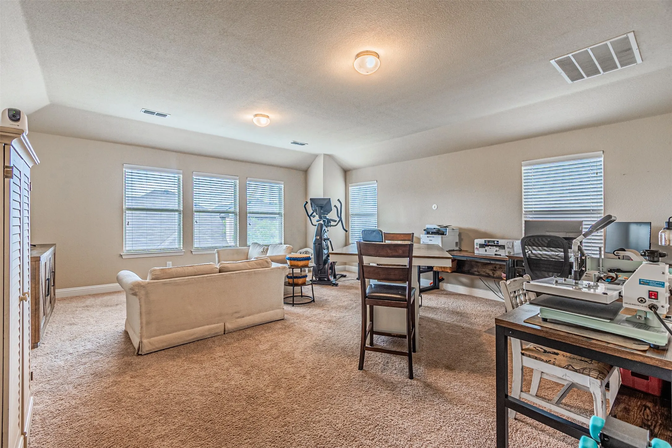 Office featuring light colored carpet, plenty of natural light, and a textured ceiling