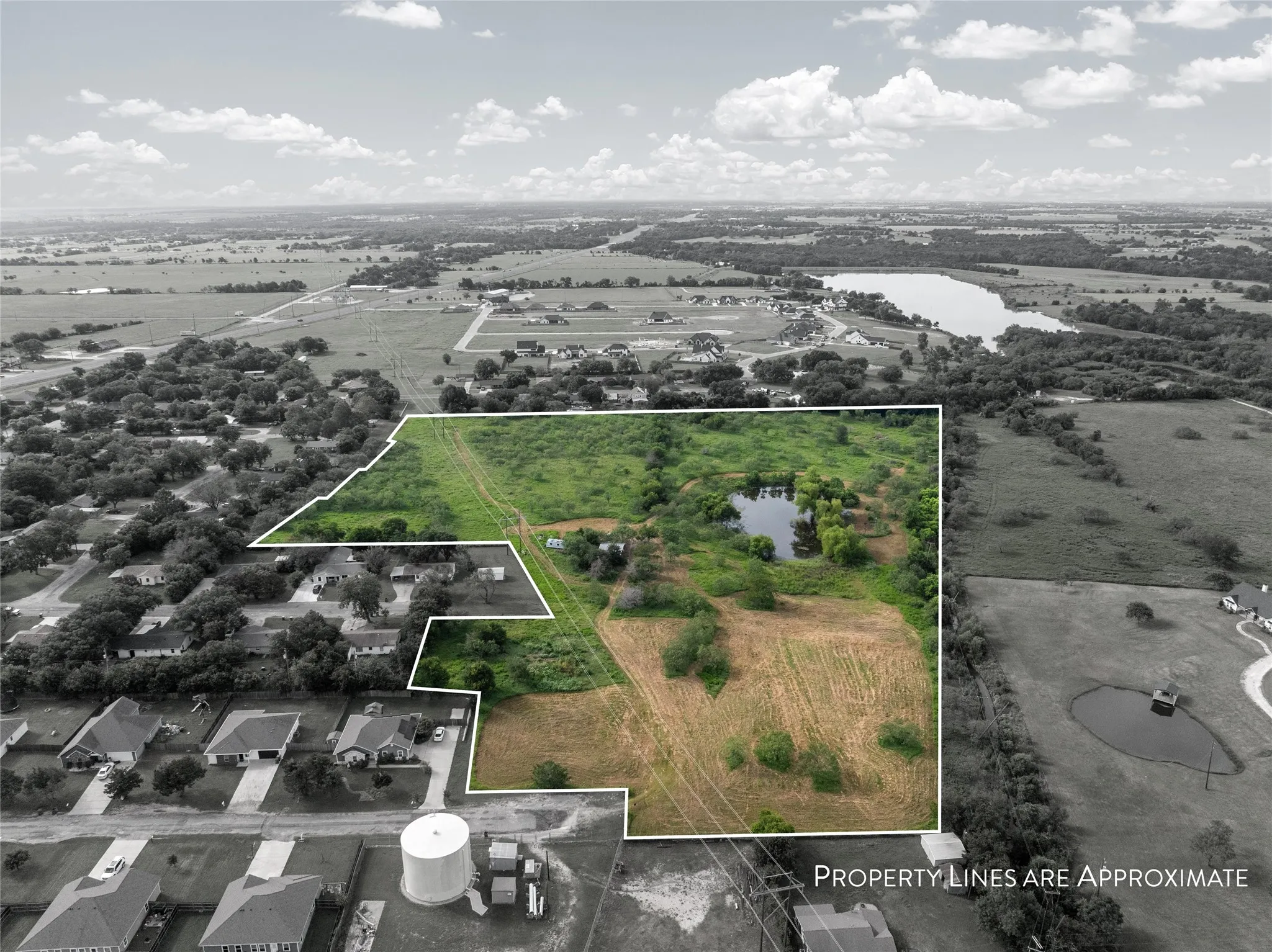 Aerial overview of property's location with approximate property boundaries