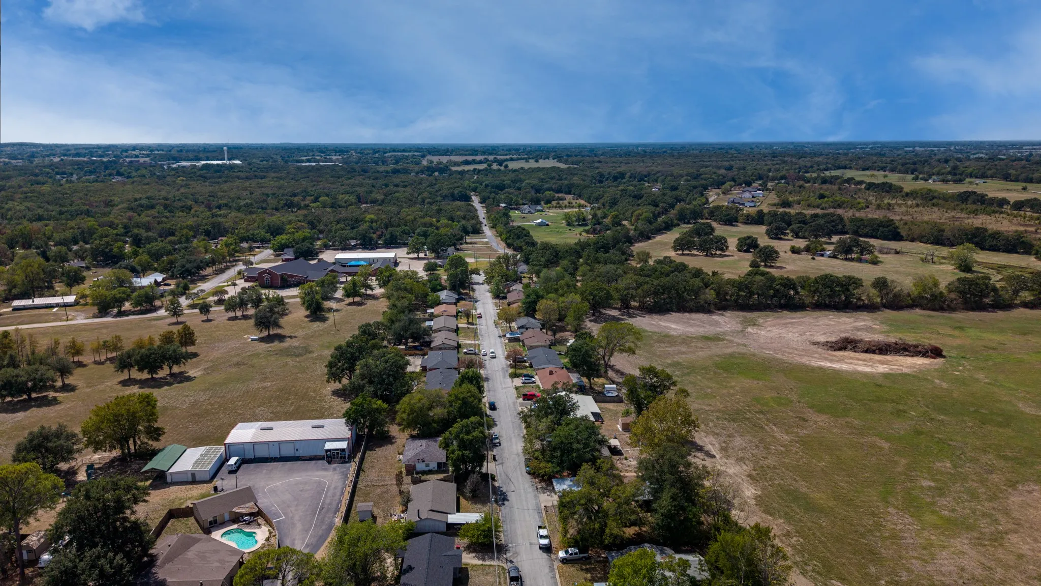 Residential street with surrounding open land and mature trees