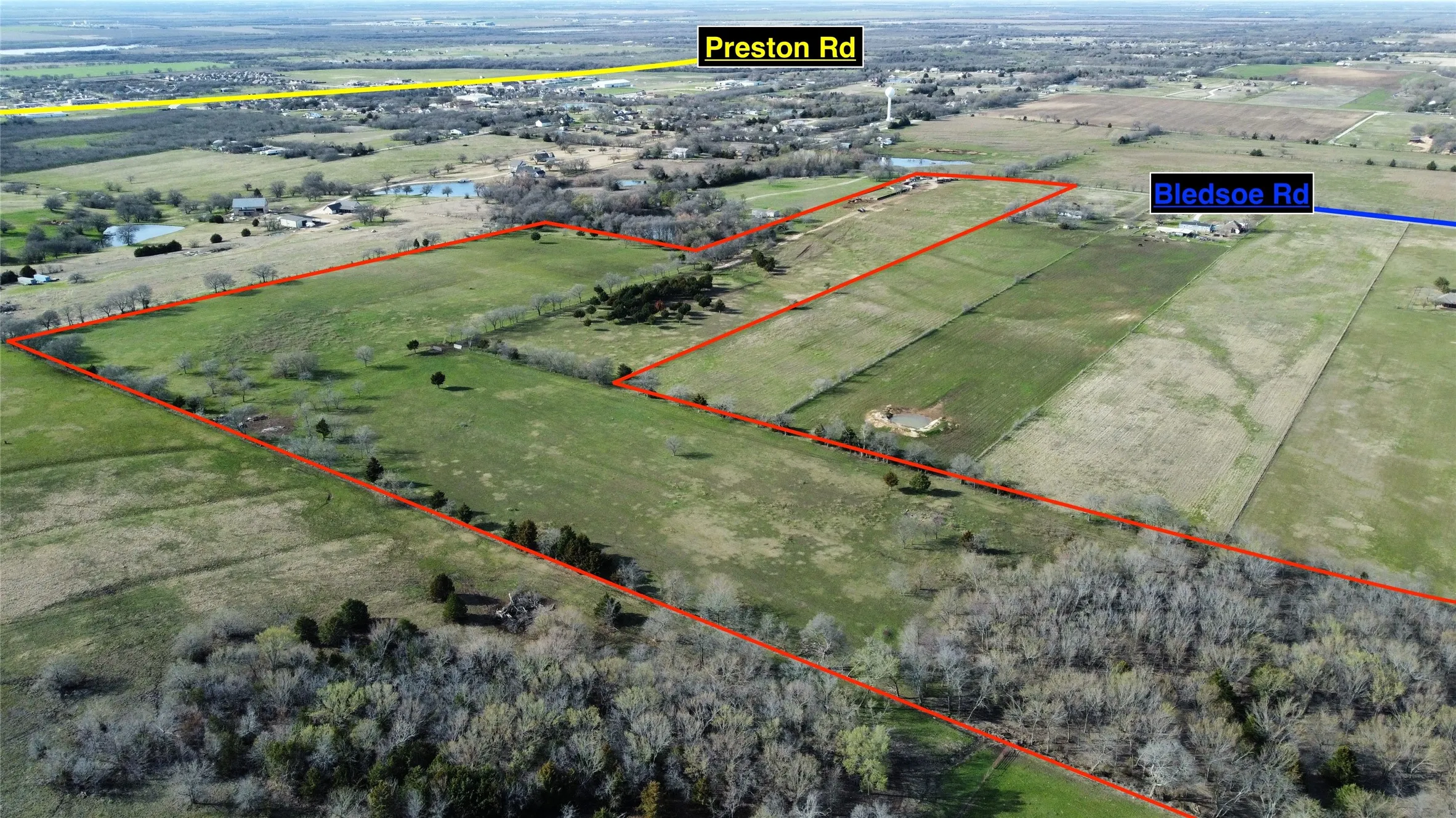 Overview of rural landscape featuring property boundaries highlighted