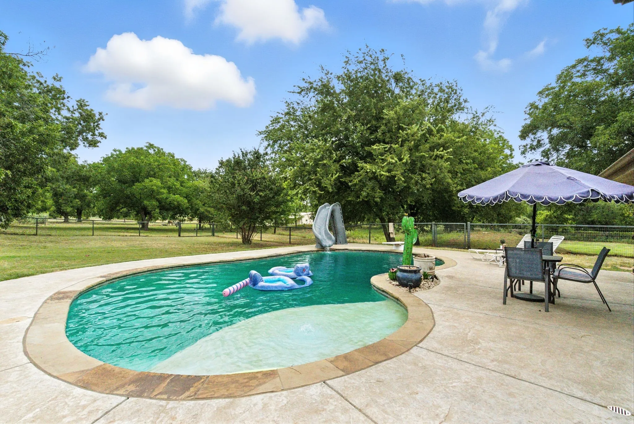 View of pool featuring a fenced backyard, a water slide, and a patio