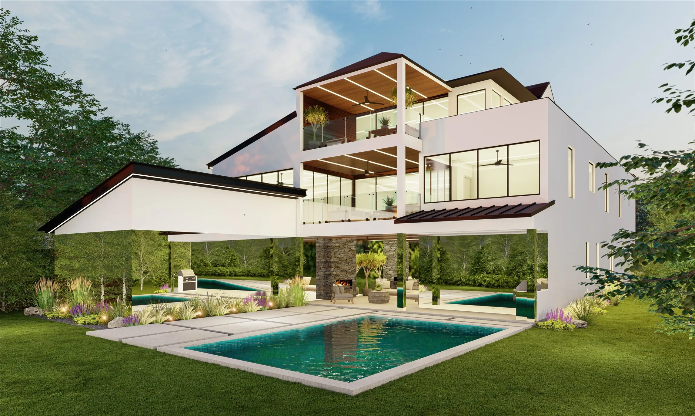 Rendering: rear elevation with pool and covered outdoor living