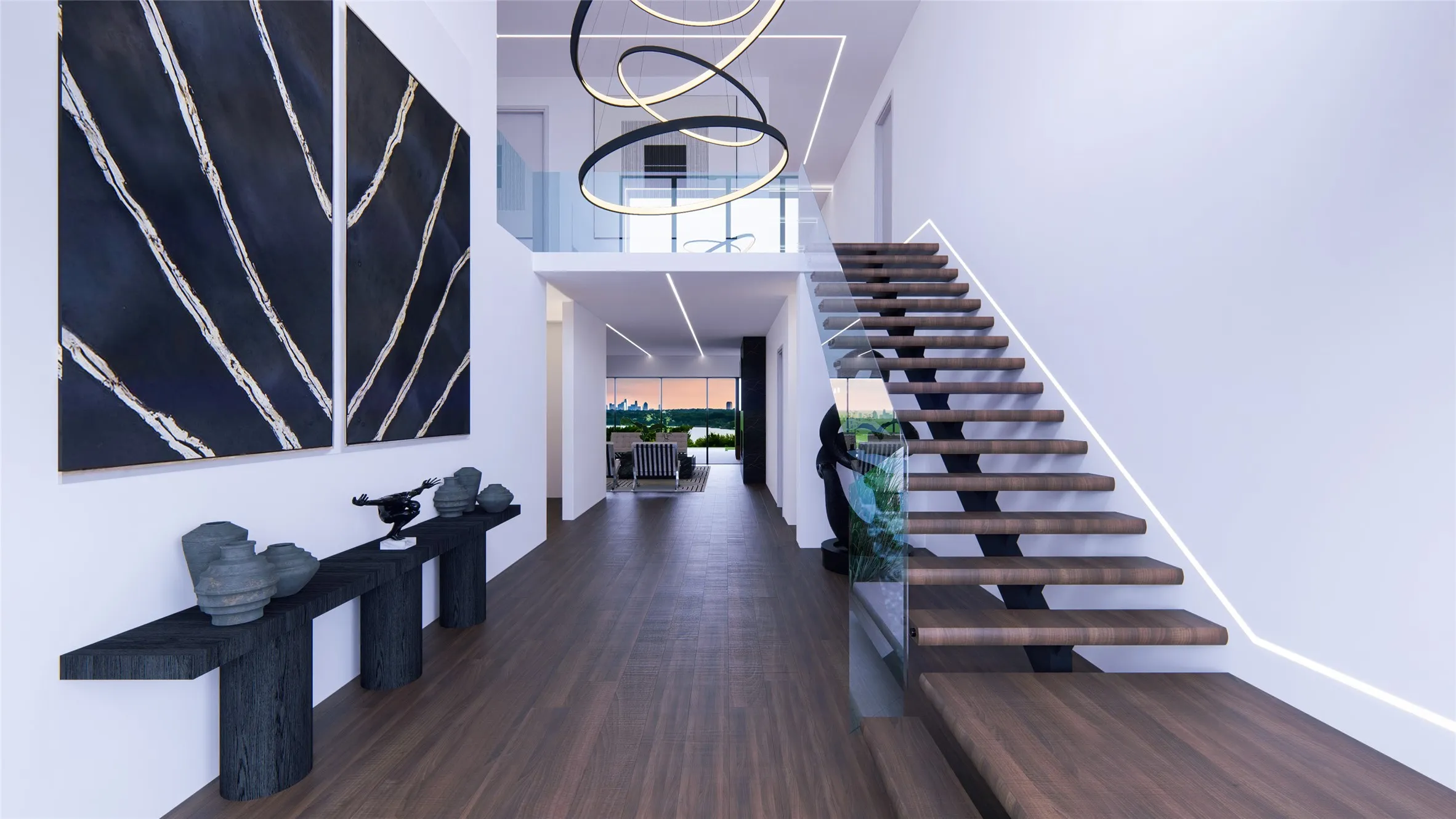 Rendering: dramatic entry with floating staircase and gallery feature wall