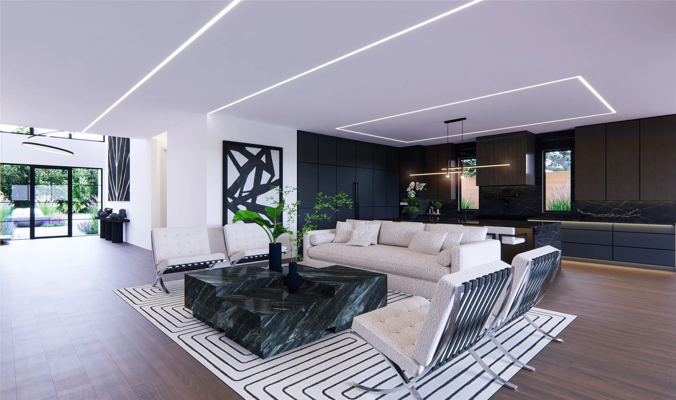 Rendering: light-filled living level designed to frame the lake