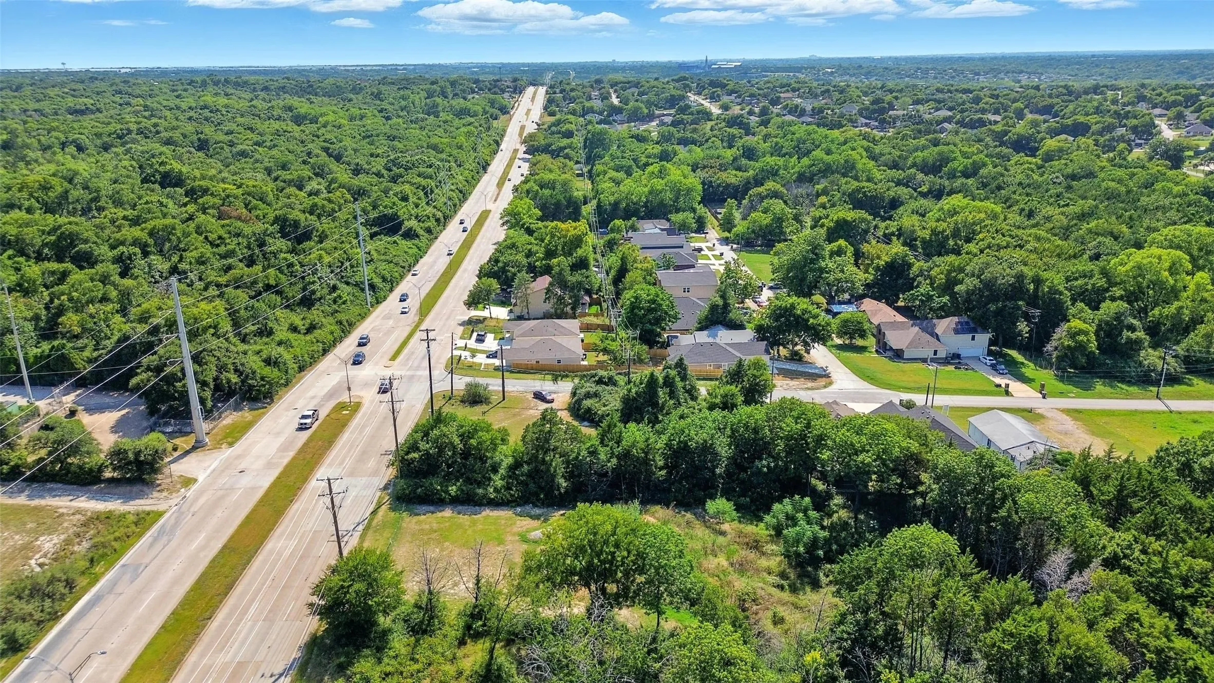 Aerial view of a heavily wooded area