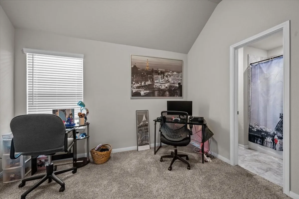 Office area with carpet flooring and lofted ceiling