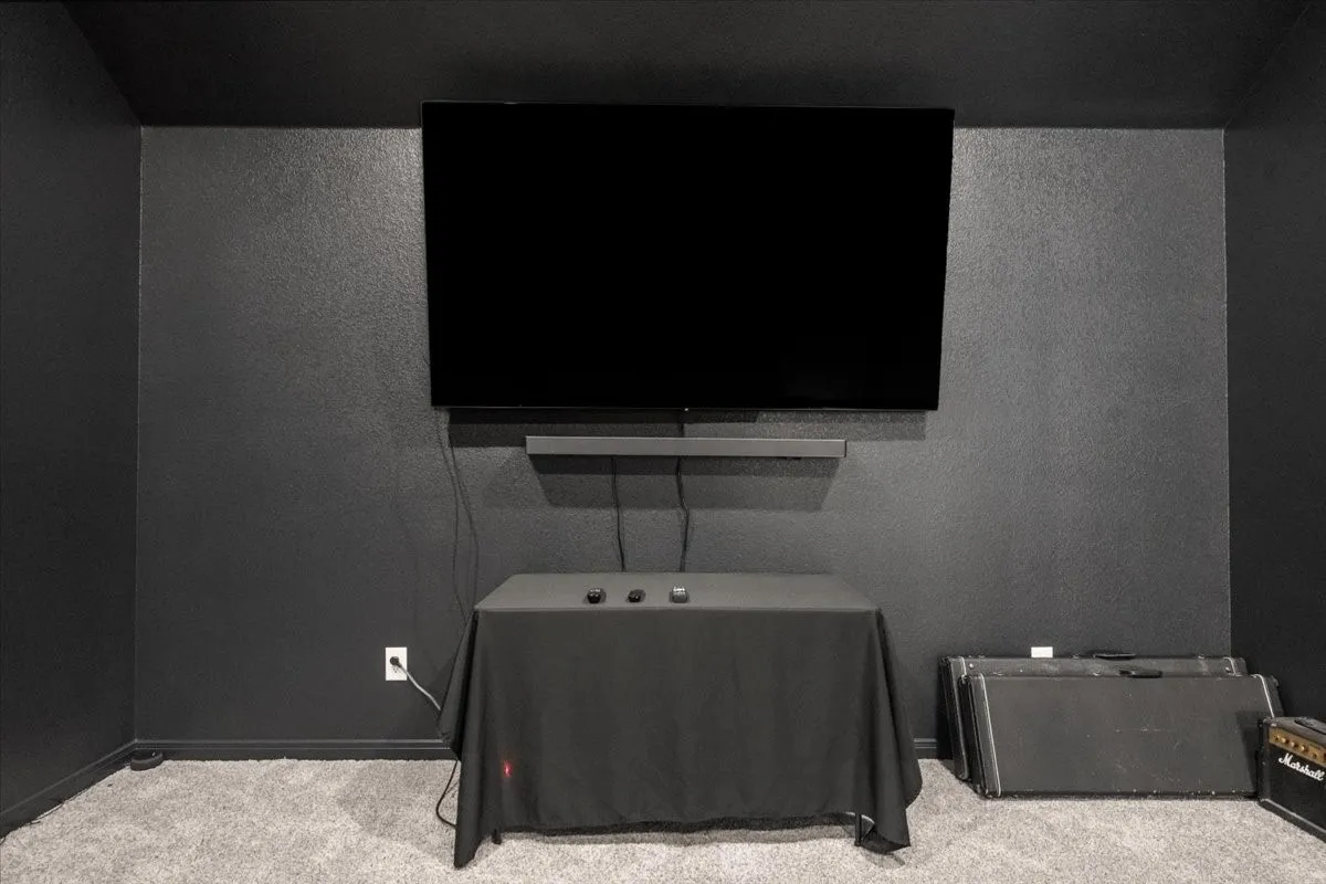 Cinema featuring carpet flooring and a textured wall