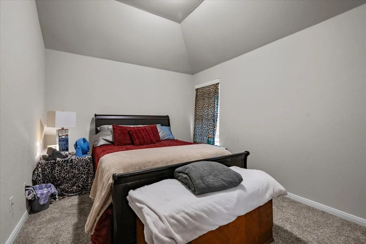 Carpeted bedroom featuring baseboards and lofted ceiling