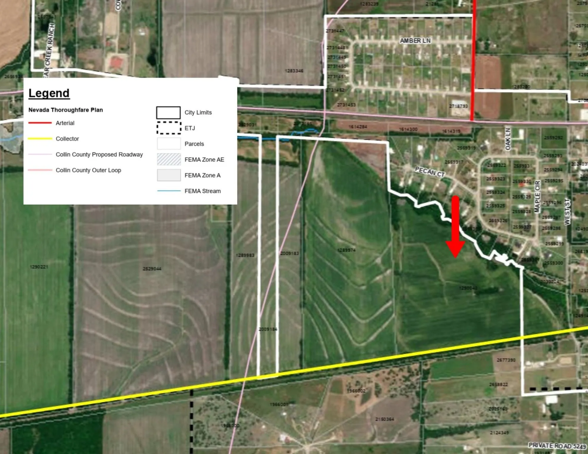 Map / location with city boundaries highlighted in white, lengend shows planned roads