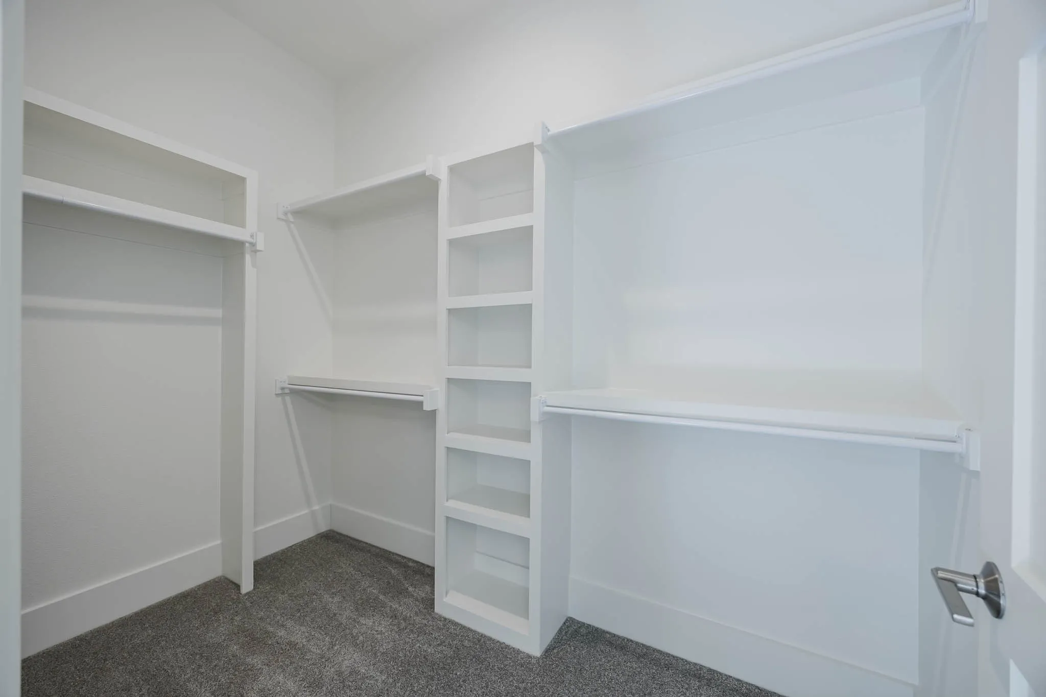 Walk in closet with dark colored carpet