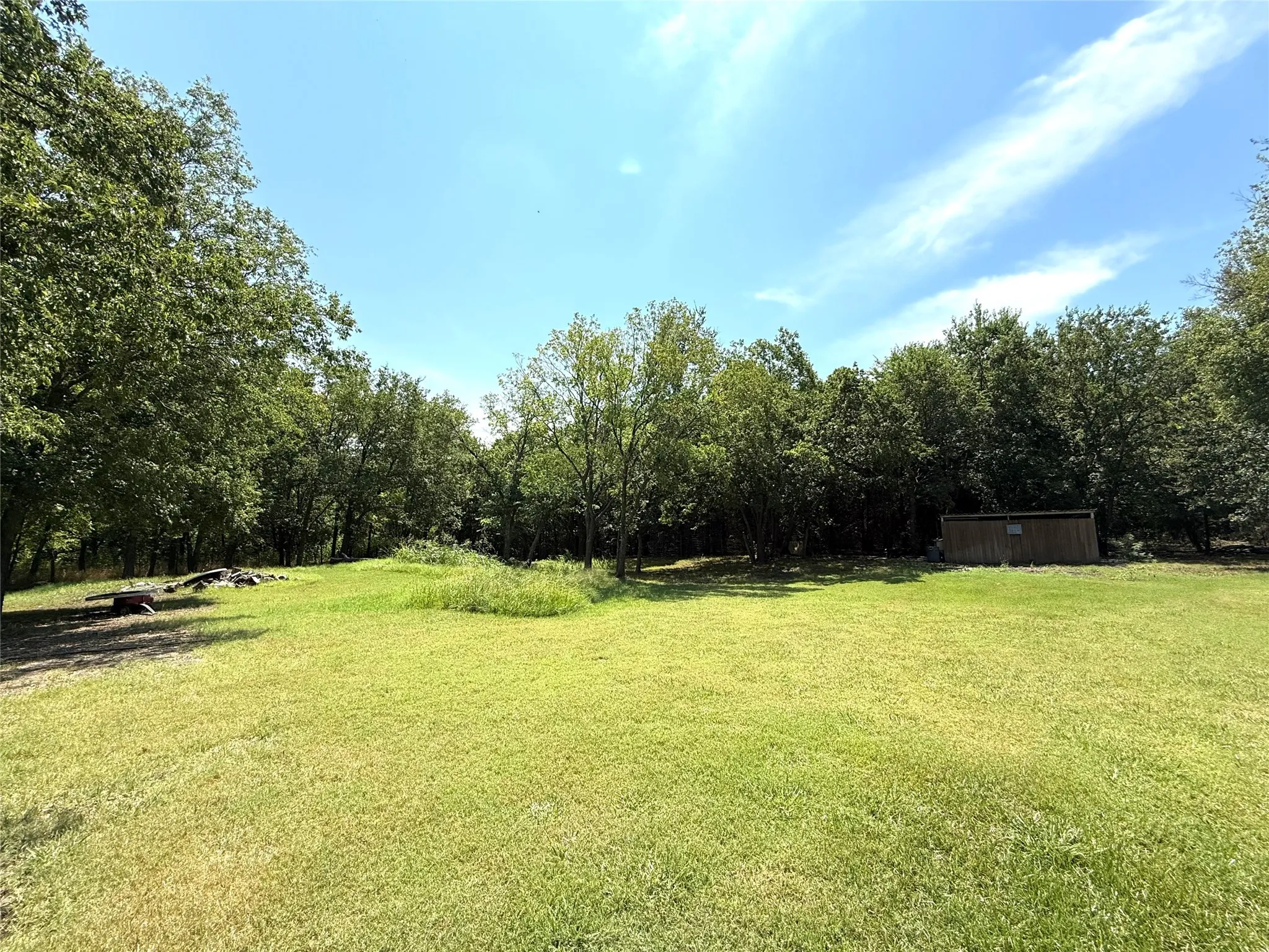 View of green lawn with an outbuilding and a forest view