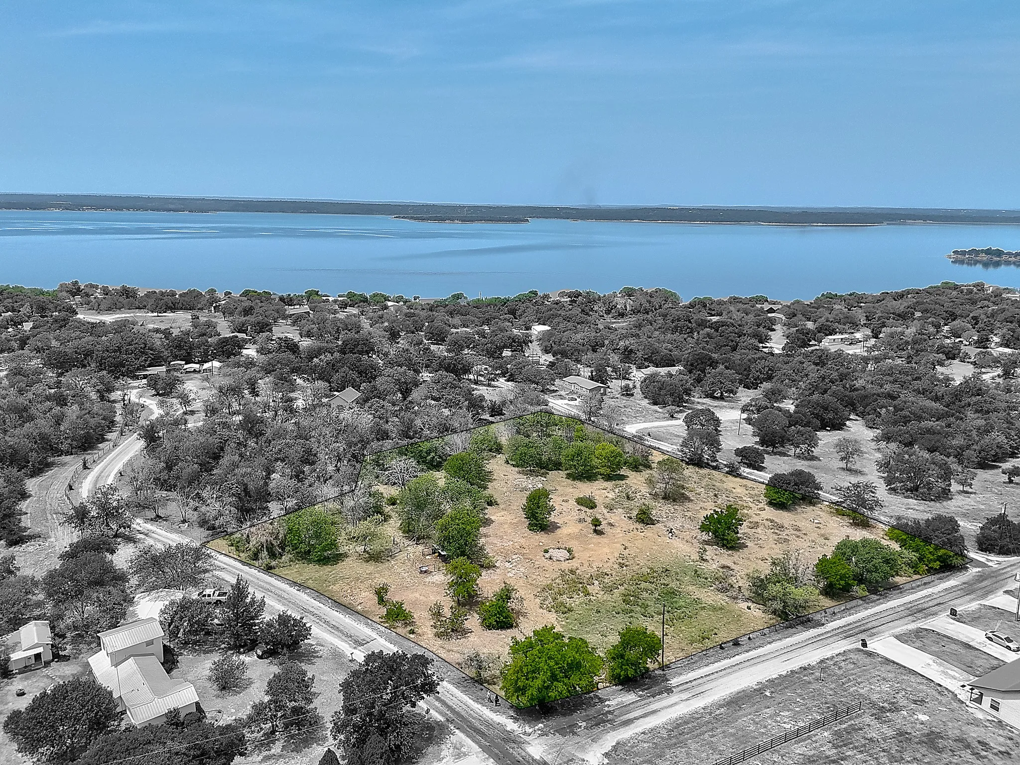 Bird's eye view of a nearby body of water