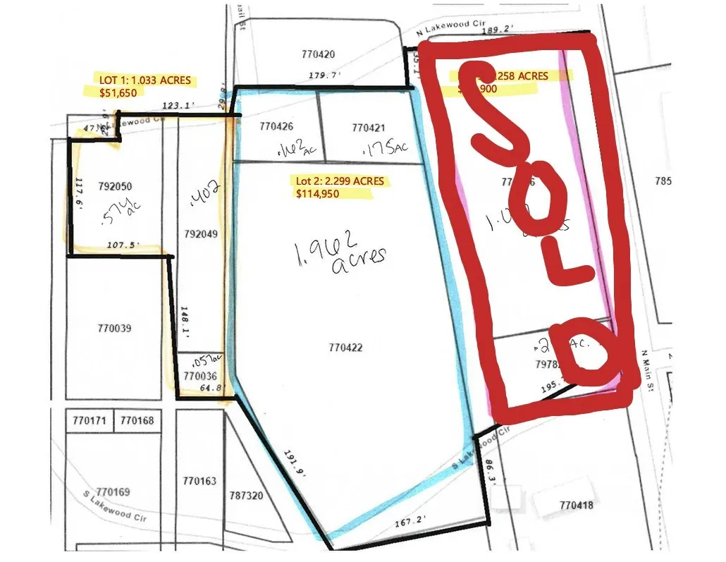 Plat Map. Illustrating property divisions, parcel identification numbers, and acreage for the property